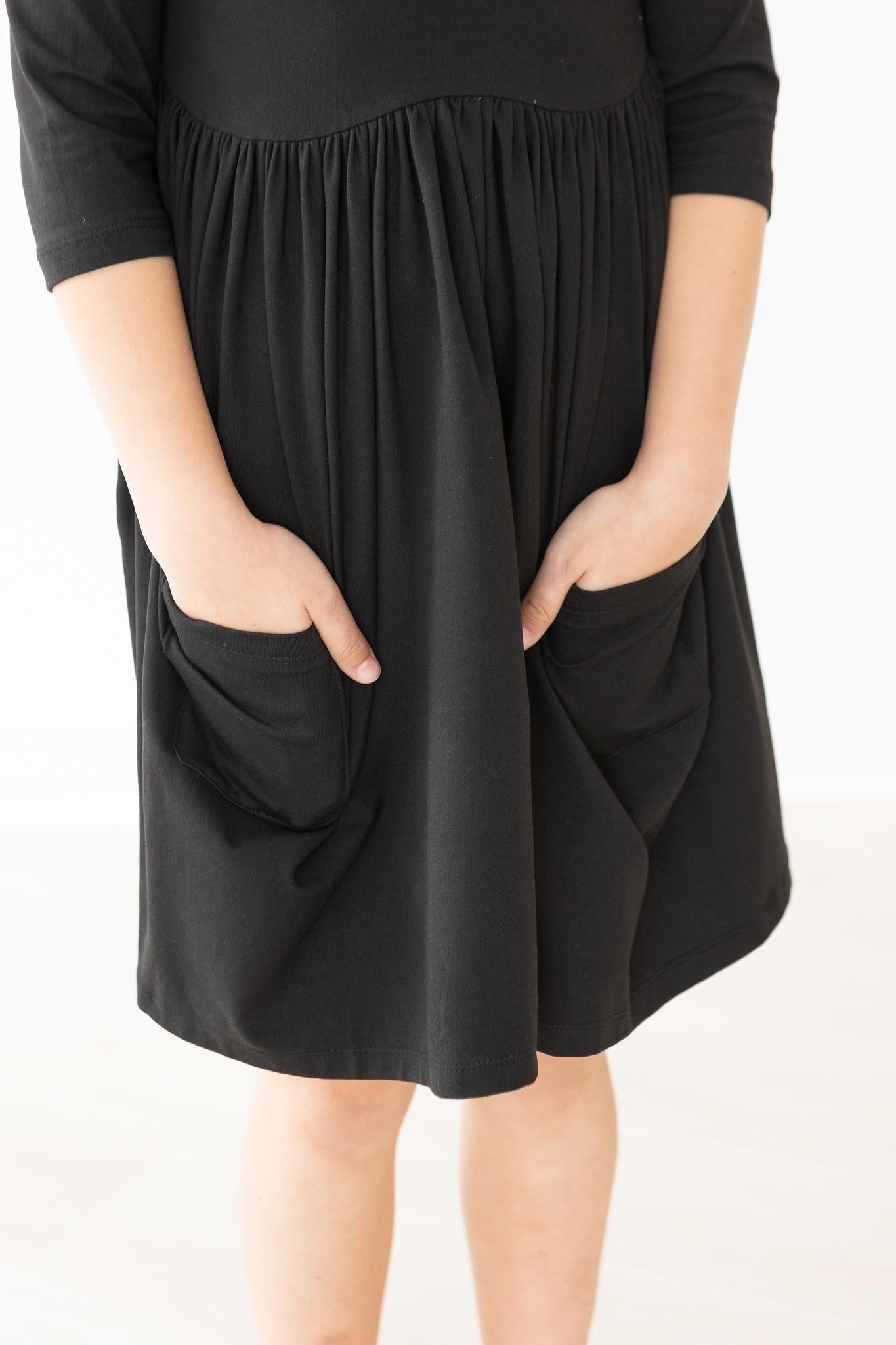 Black 3/4 Sleeve Pocket Twirl Dress