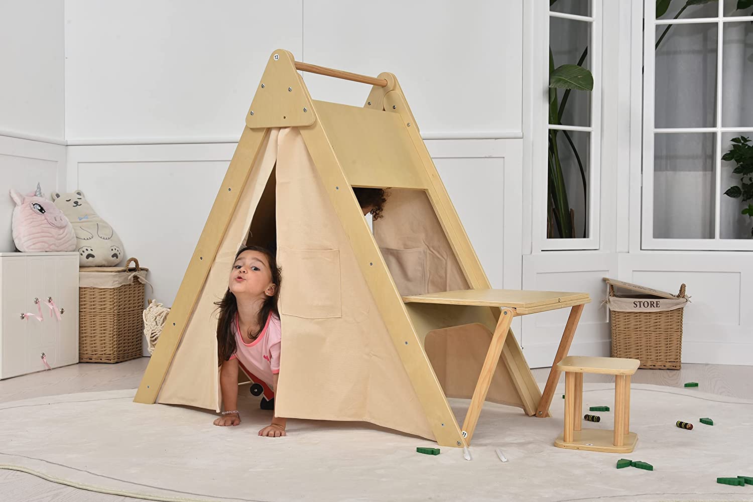 Oak - Wood Learning Tent and Climber with Desk and Chair Indoor Avenlur.com   