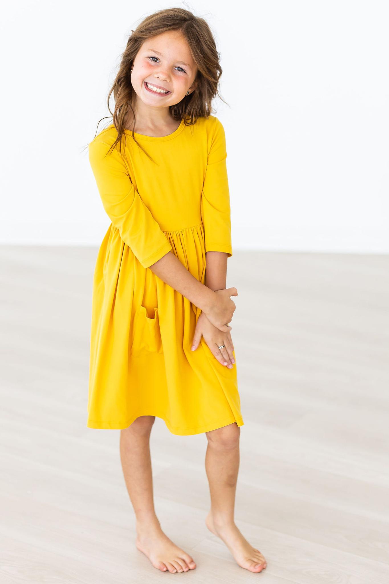 Mustard 3/4 Sleeve Pocket Twirl Dress