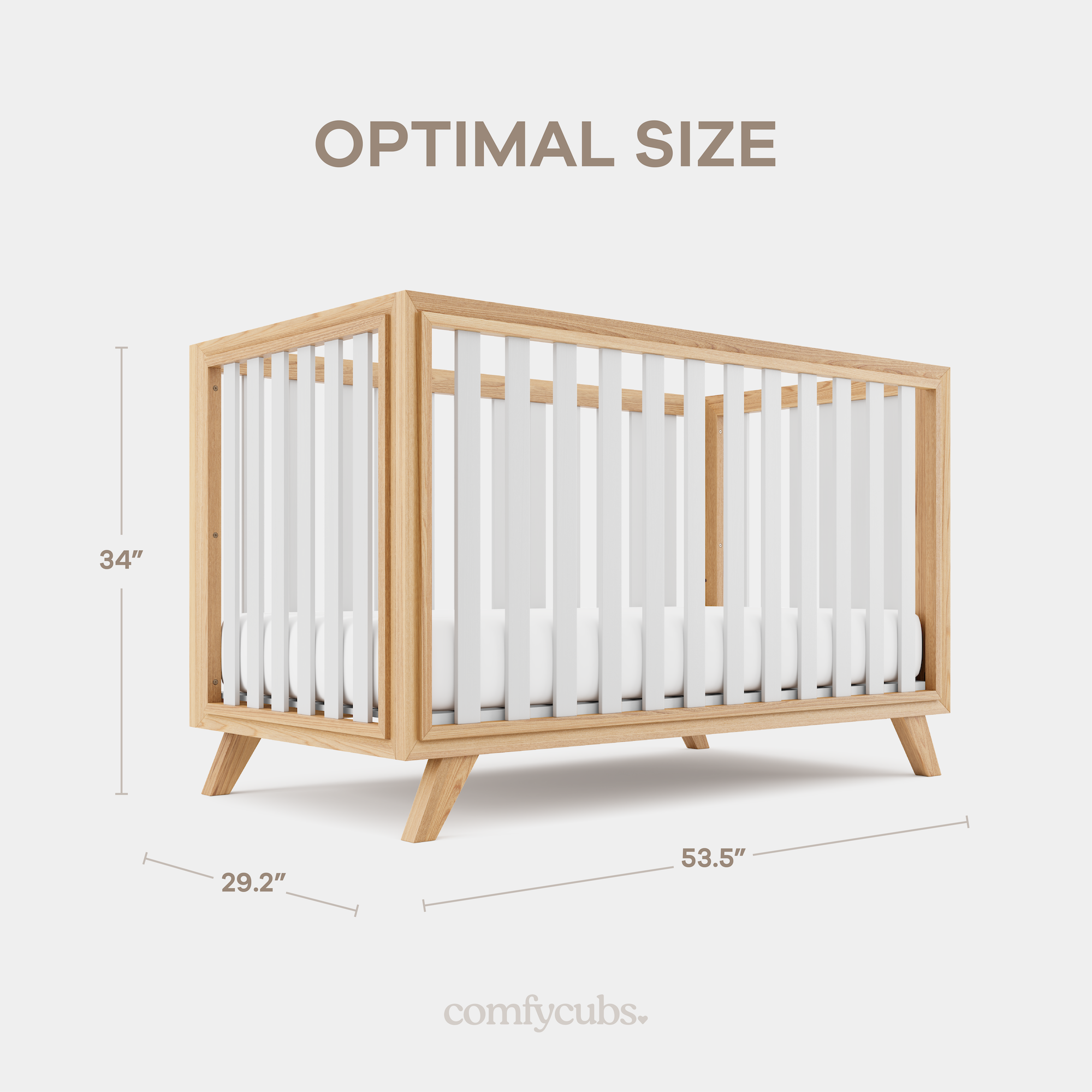 Baby Crib for 0 to 3 Years - White Bars and Natural Wood Frame and Legs