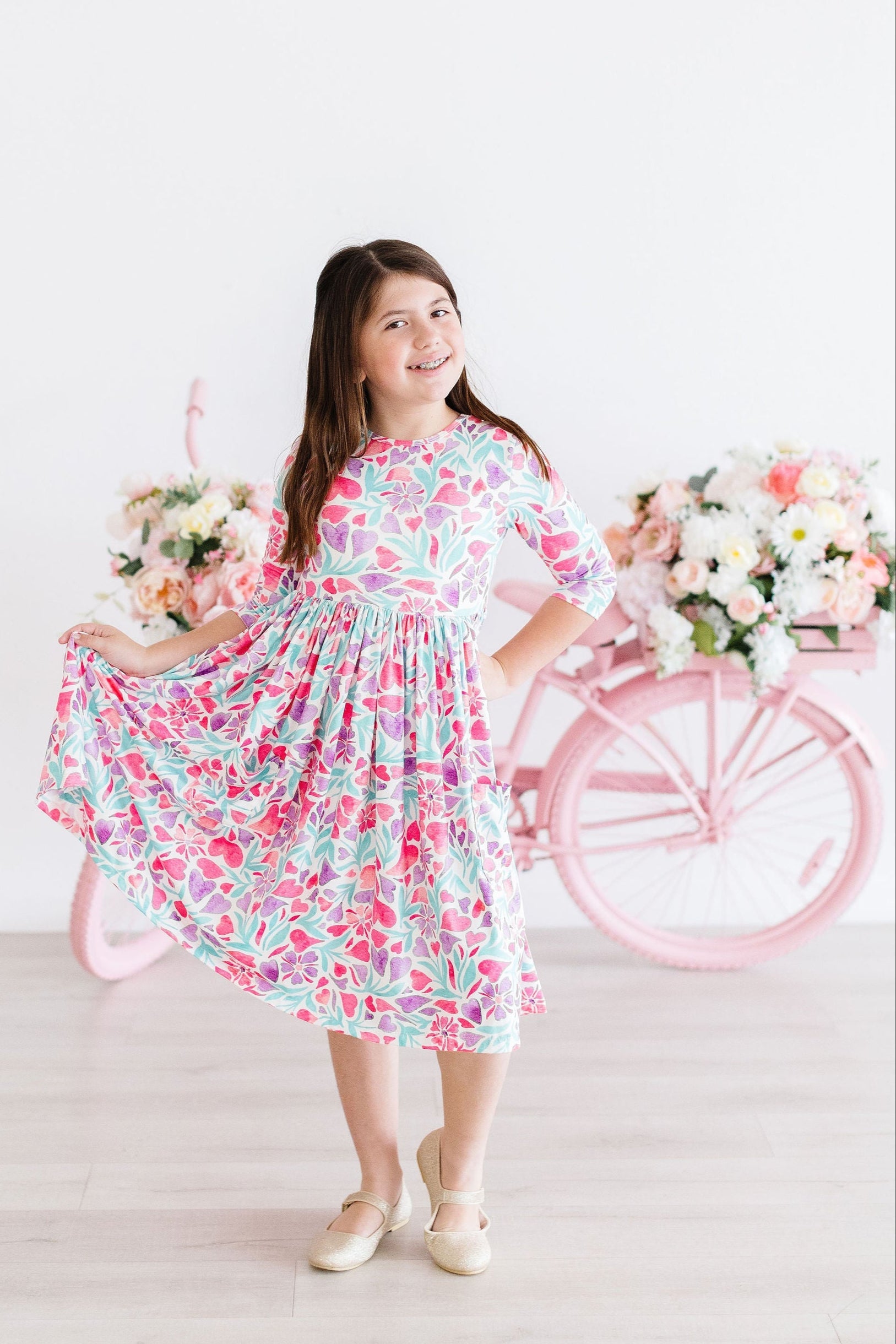 Watercolor Hearts 3/4 Sleeve Pocket Twirl Dress