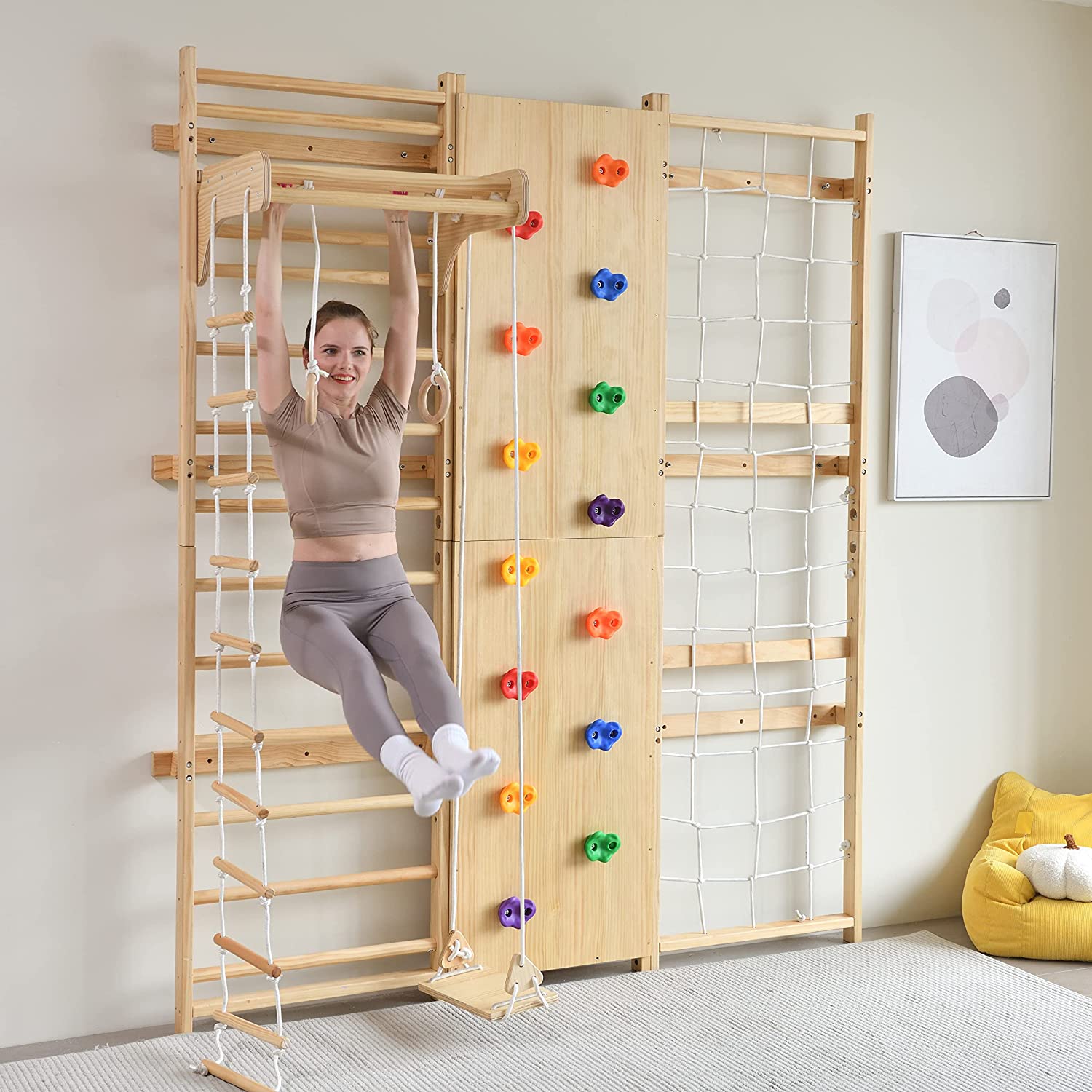 Walnut - 9-in-1 Swedish Ladder Wall Gym and Climber Indoor Avenlur.com   