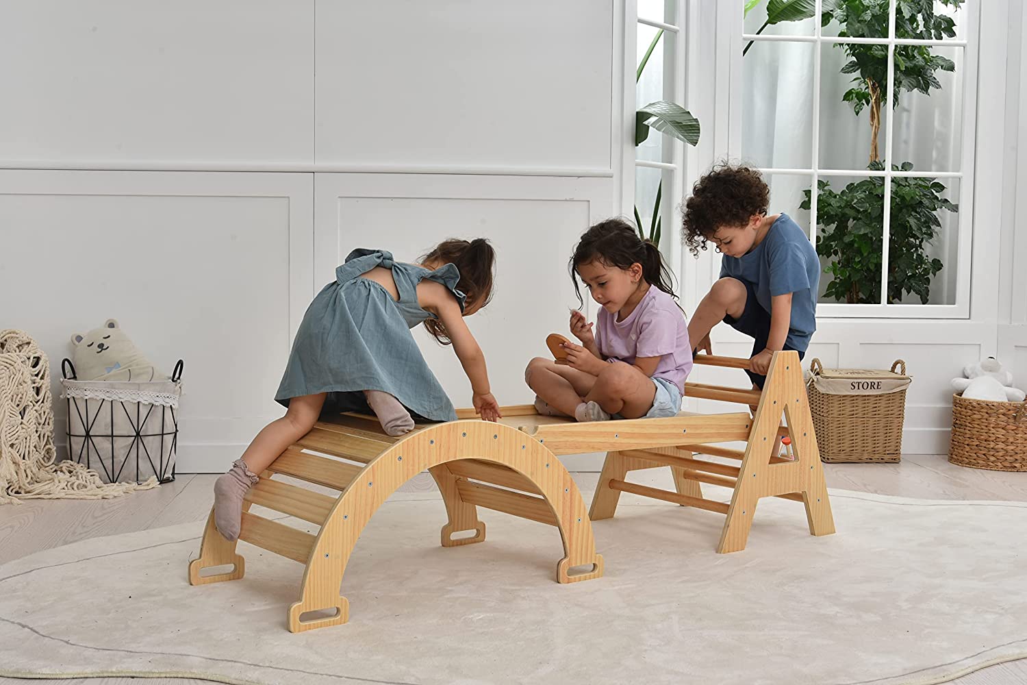 Maple - Wood Small Triangle Climbing Set with Ladder Slide and Rocker Indoor Avenlur.com   