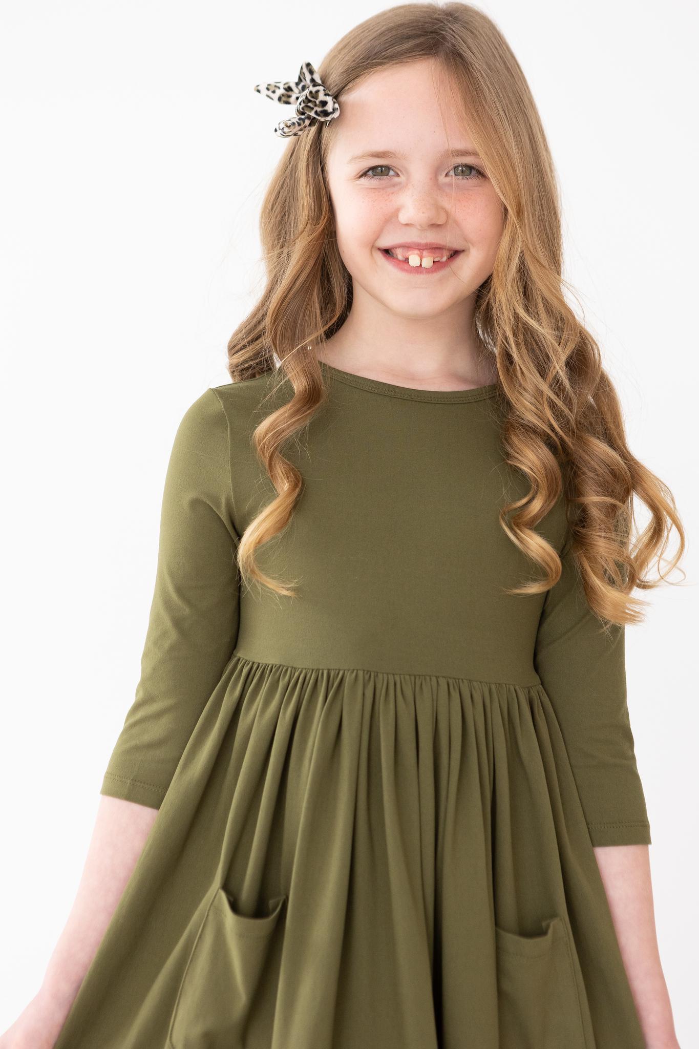 Olive 3/4 Sleeve Pocket Twirl Dress