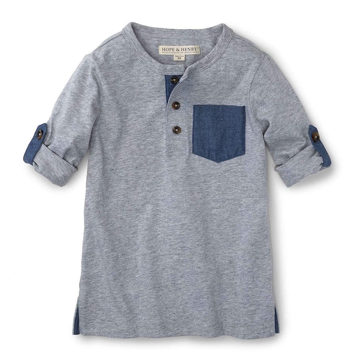 Baby Henley Pocket Tee with Rolled Sleeves - Gray Heather