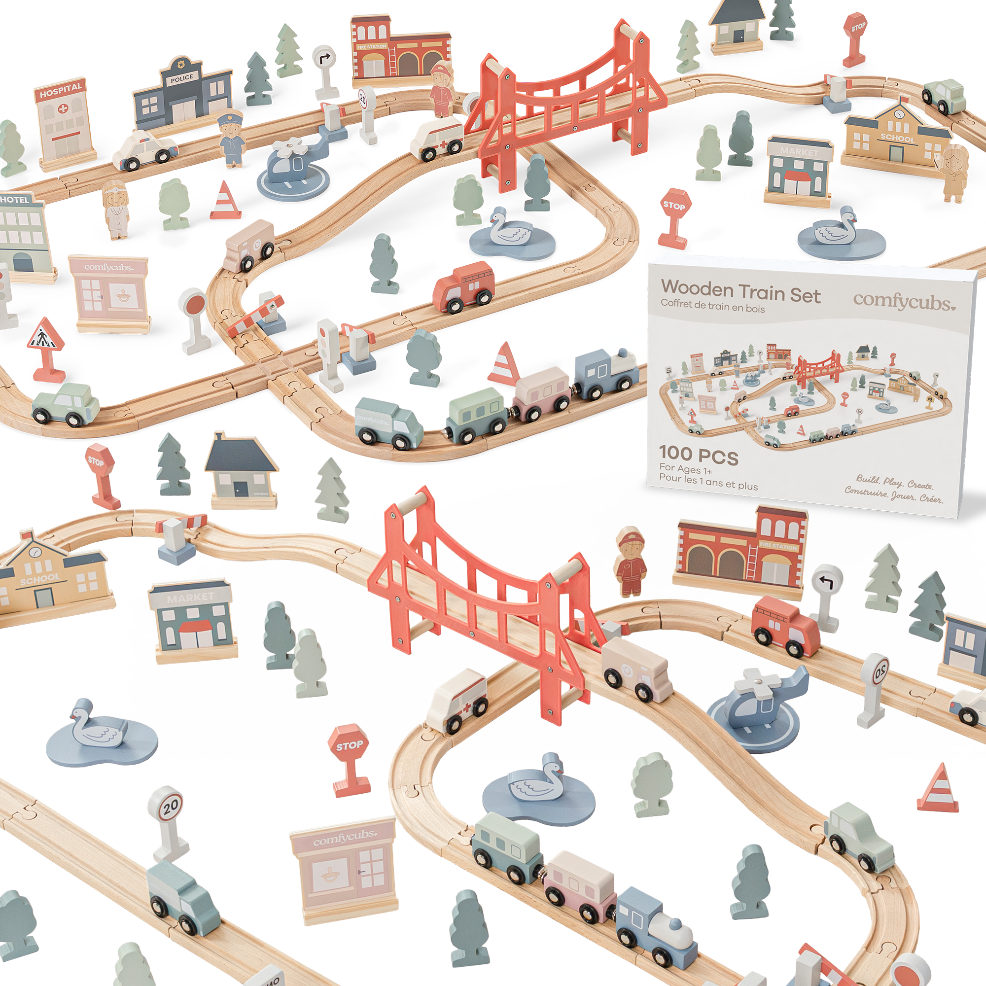 100-Piece Wooden Train Set for Toddlers Ages 1+