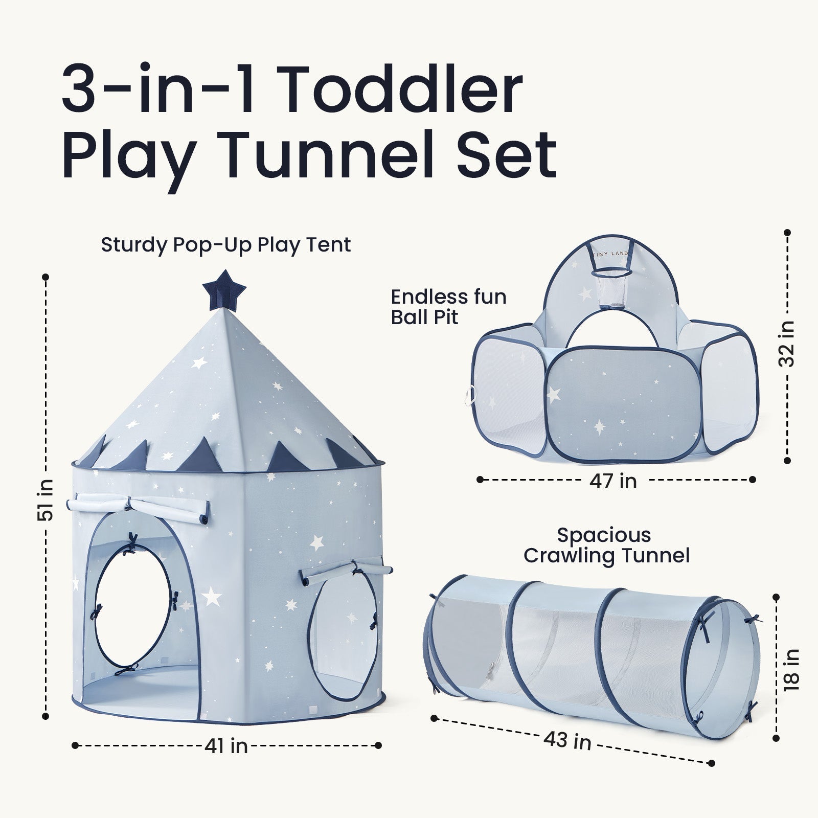 Tiny Land® Compact Adventure 3-in-1 Play Tunnel With no Balls - Blue