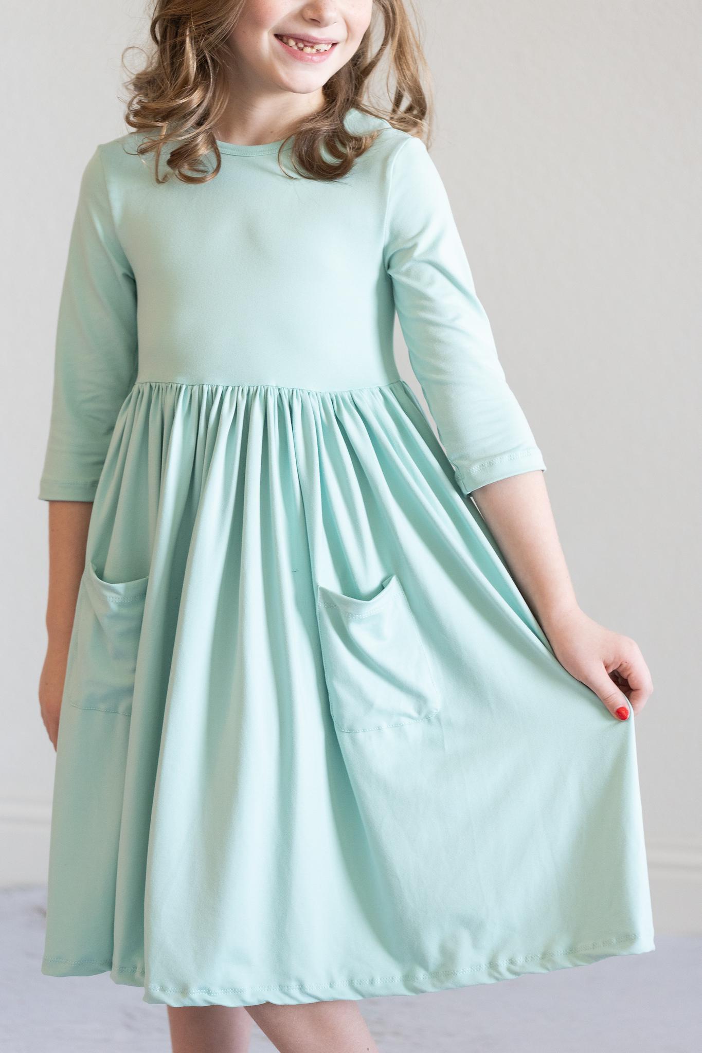 Sage 3/4 Sleeve Pocket Twirl Dress