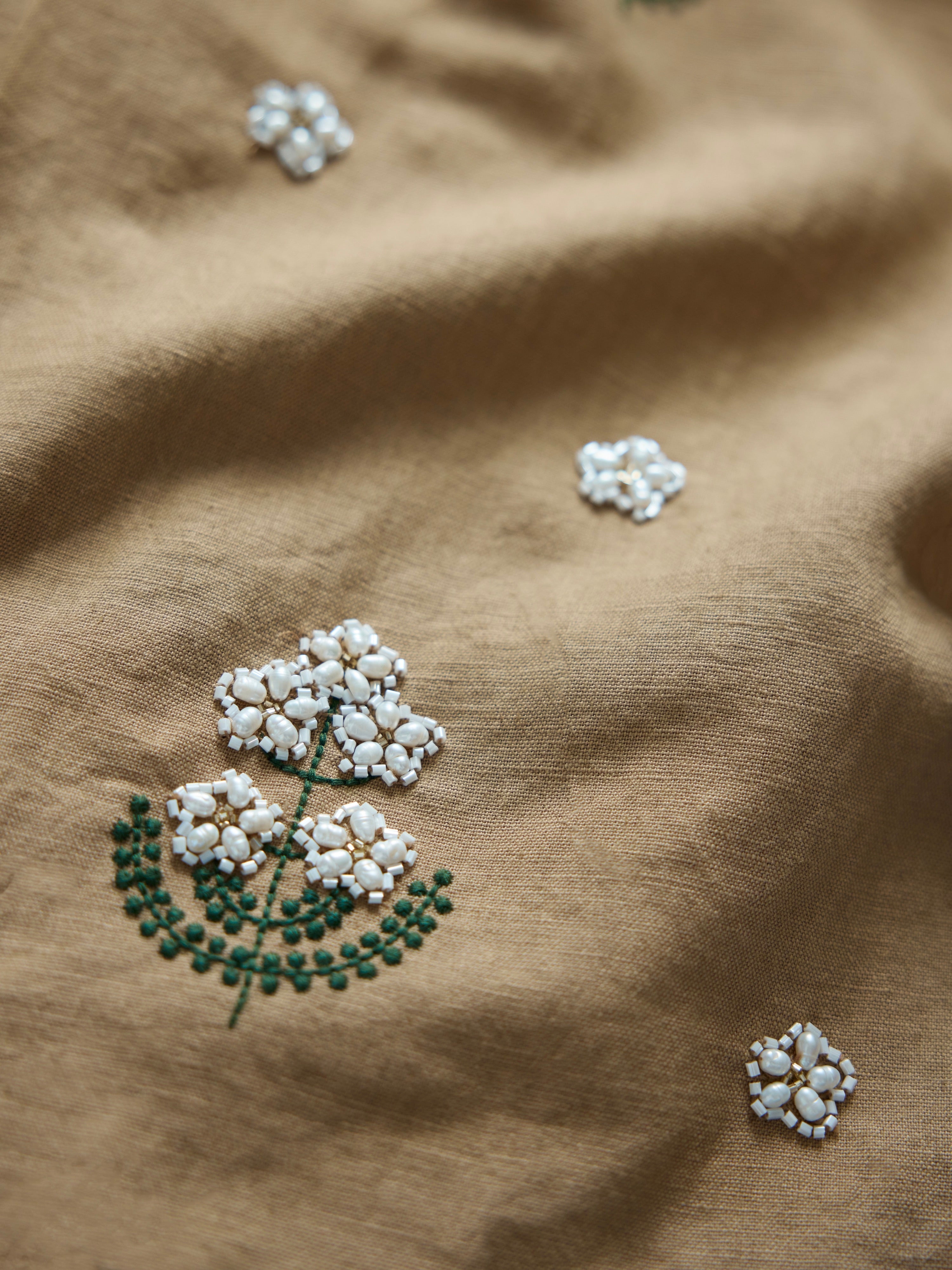 Meadow Embroidered Beaded Mini Dress - Light Fawn & Ivory Floral/Beading