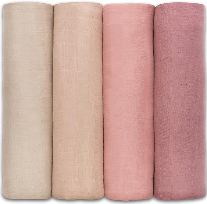 Muslin Swaddle Blankets, 4 Pack by Comfy Cubs - Sand, Blush, Bold Blush, Mauve