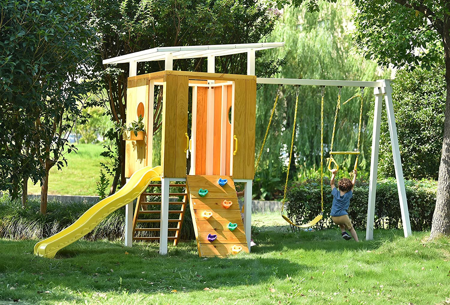 Forest - Modern Backyard Outdoor Swing Set 2 Swings And Trapeze Bar Outdoor Avenlur.com   