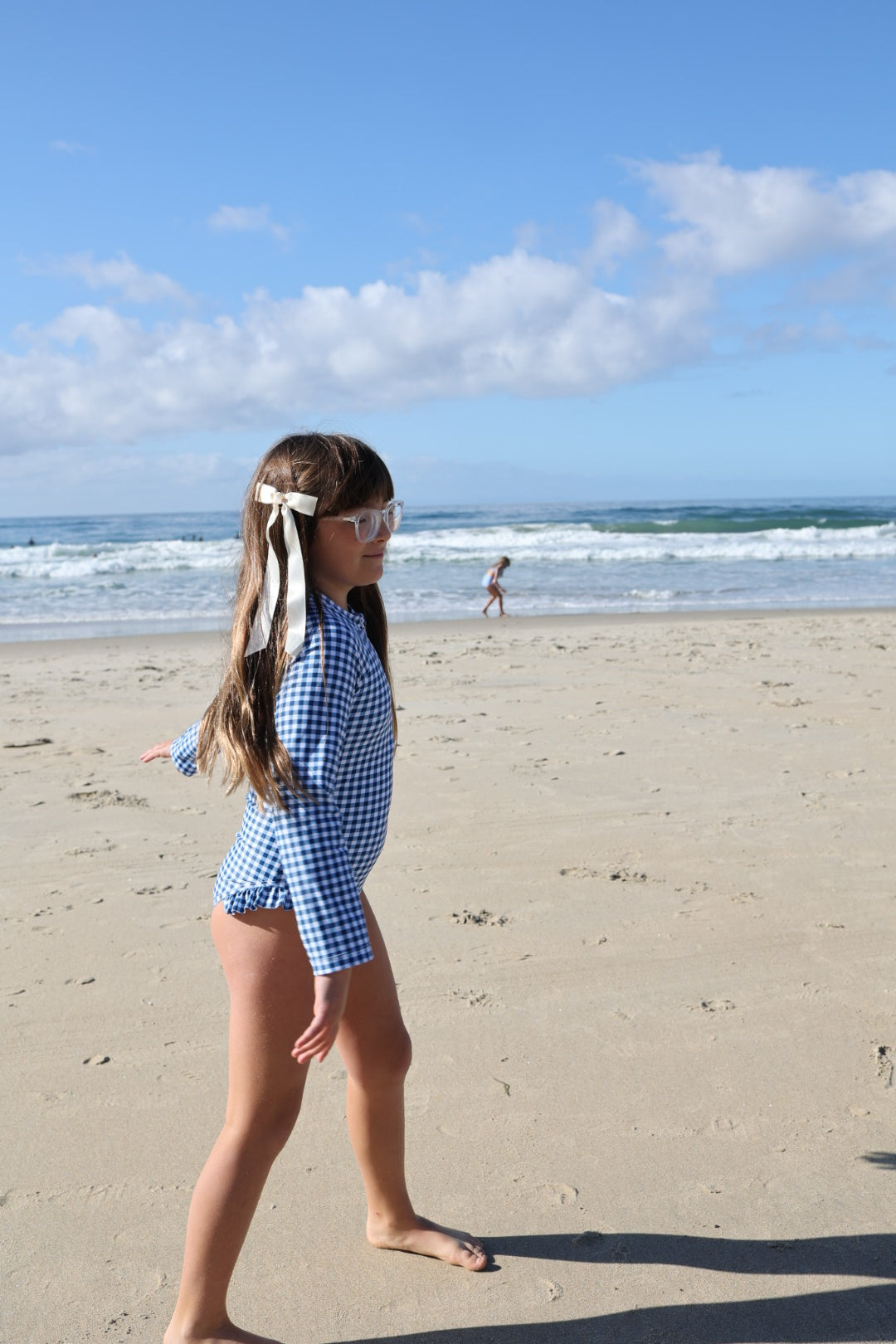 Girl's Long Sleeve Swimsuit | Blue Gingham