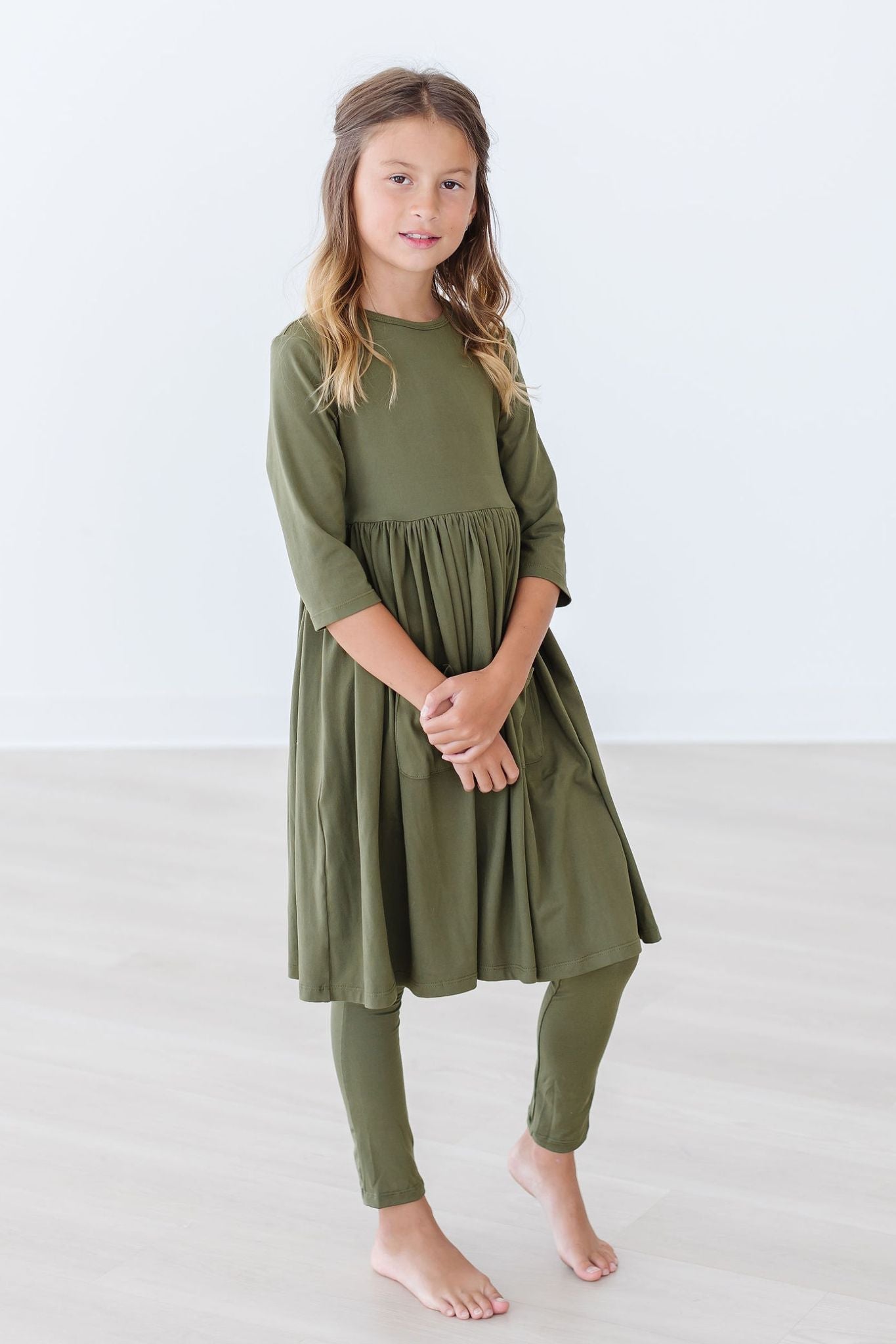 Olive 3/4 Sleeve Pocket Twirl Dress