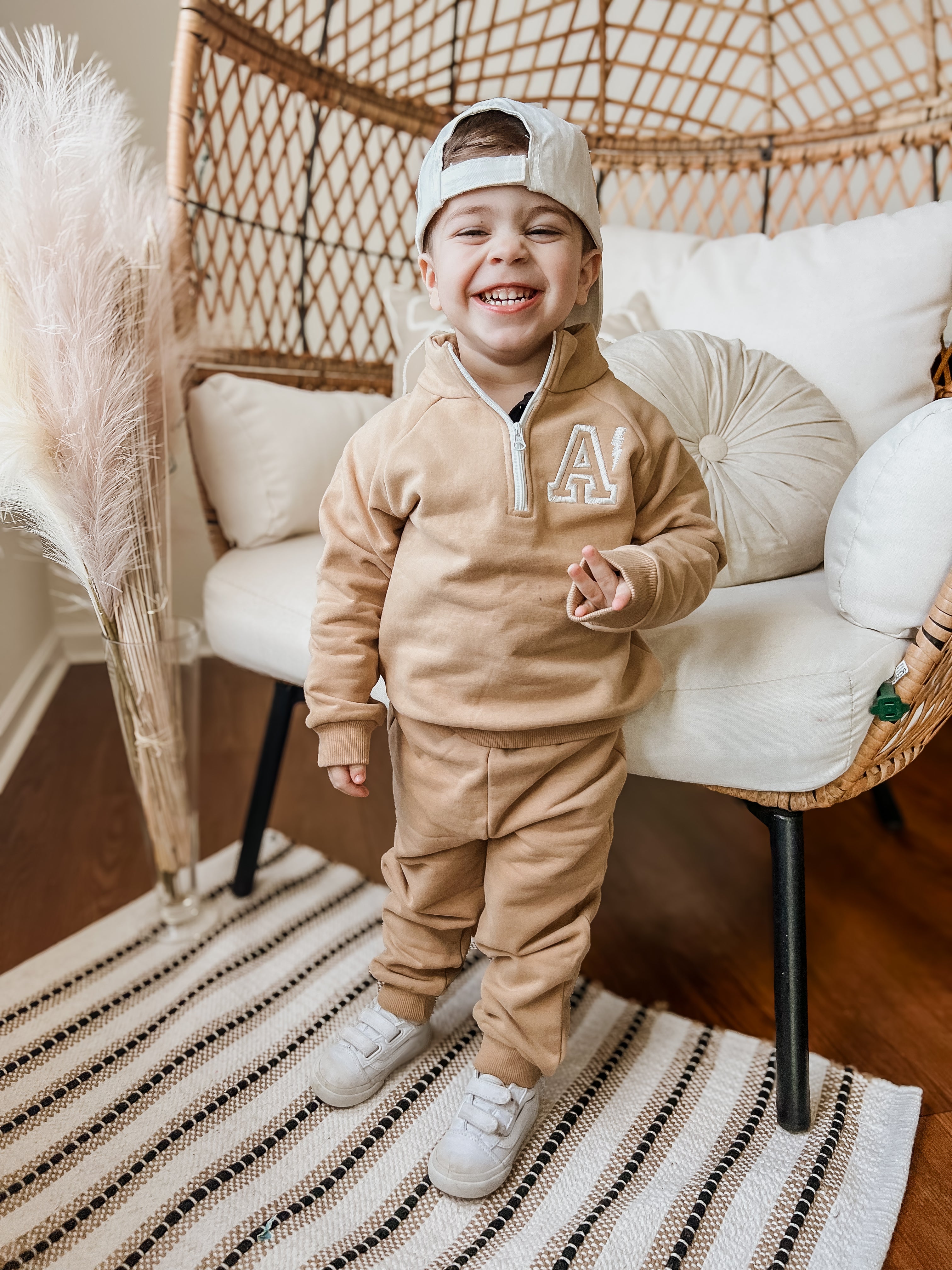Custom Embroidered Organic Cotton Quarter Zip Set - Tan