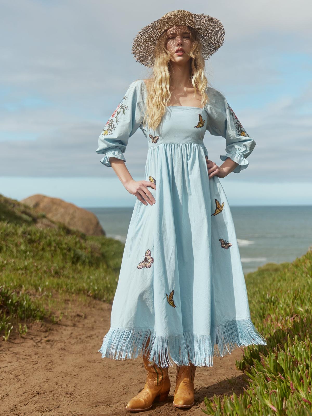 Jocelyn Puff Sleeve Fringe Dress - Light Prussian Blue/Multicolor Butterfly Embroidery