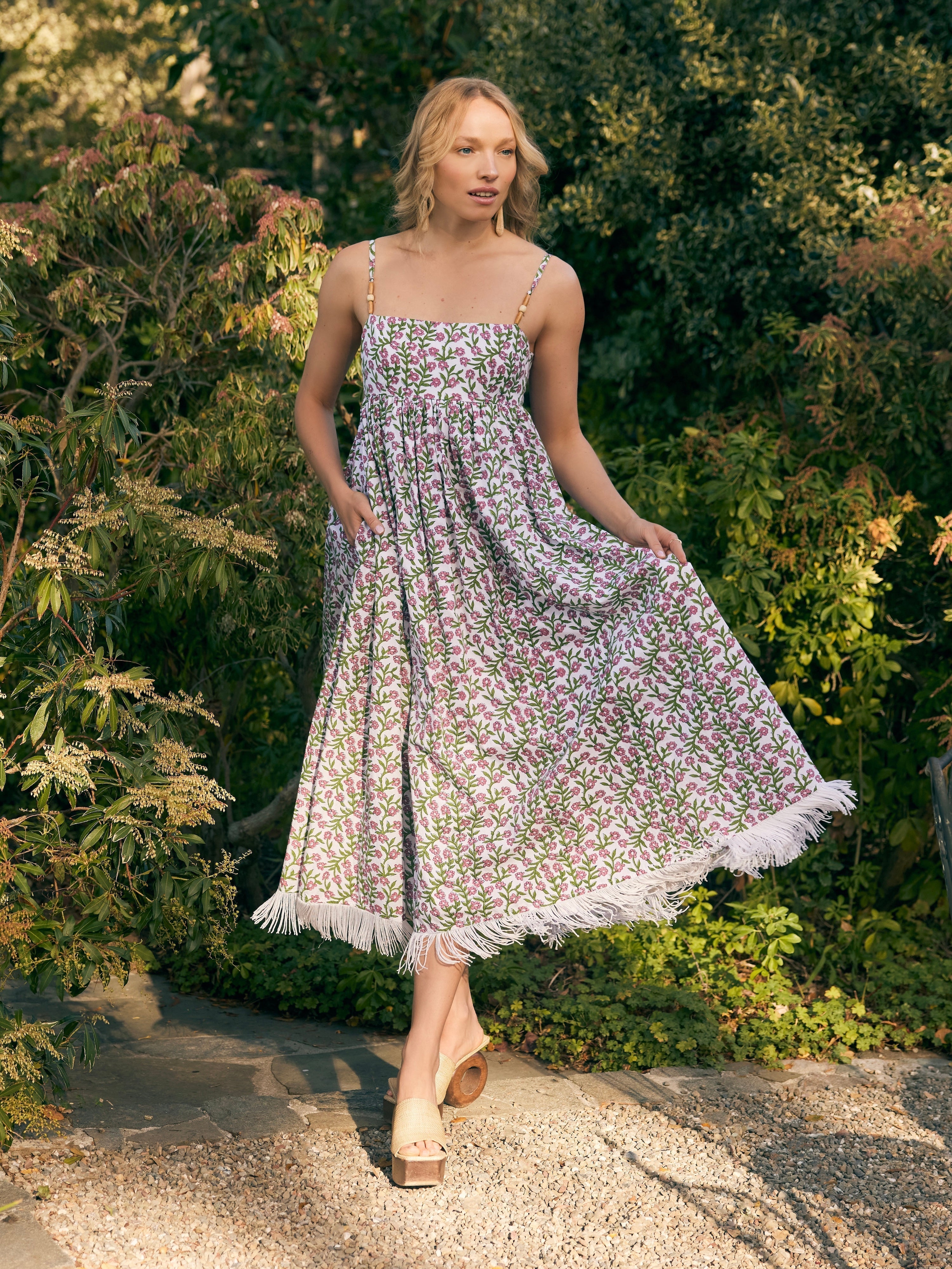 Gavin Fringe Midi Dress - Ivory/Amaranth Floral print