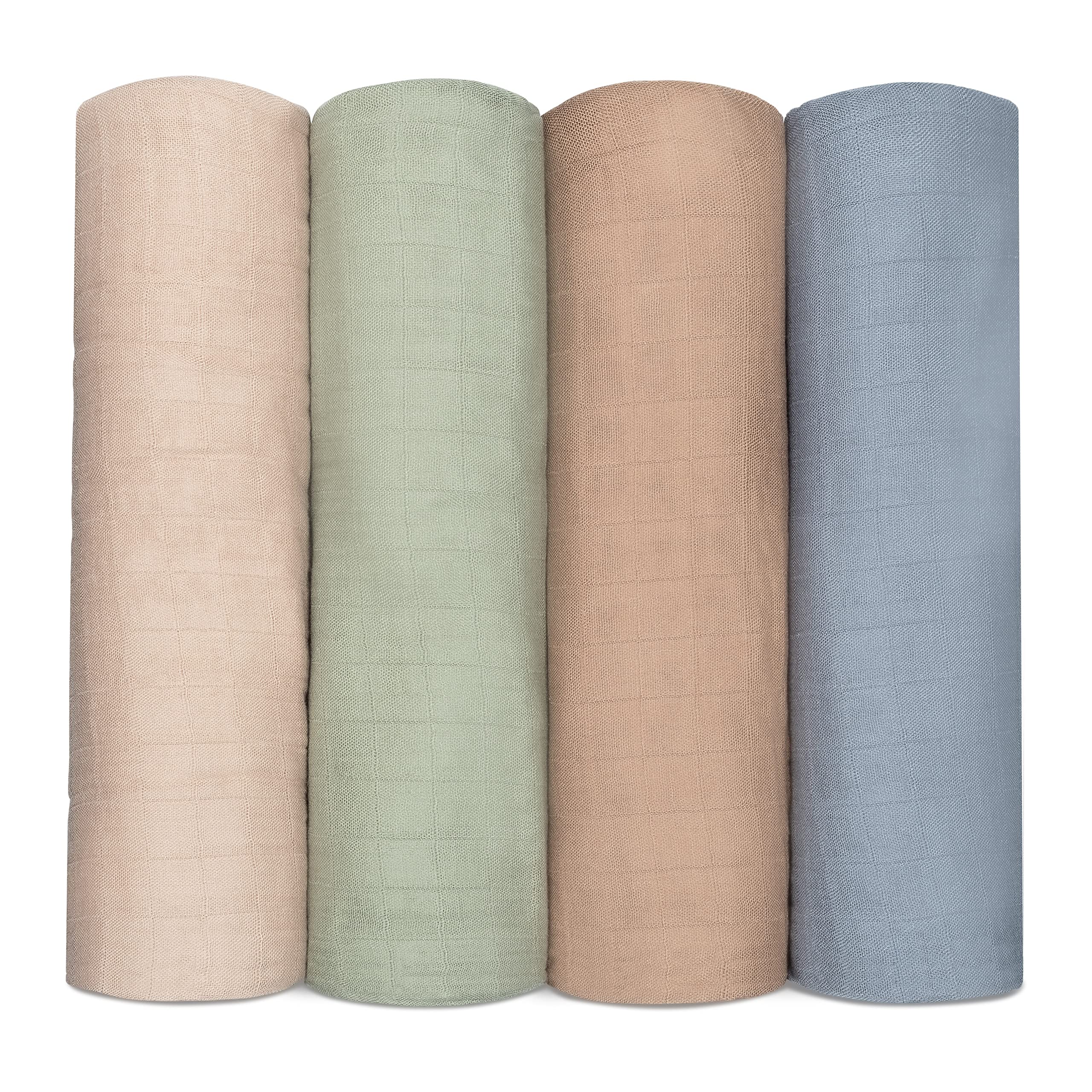 Muslin Swaddle Blankets, 4 Pack by Comfy Cubs - Pacific, Cedar, Sage, Blush