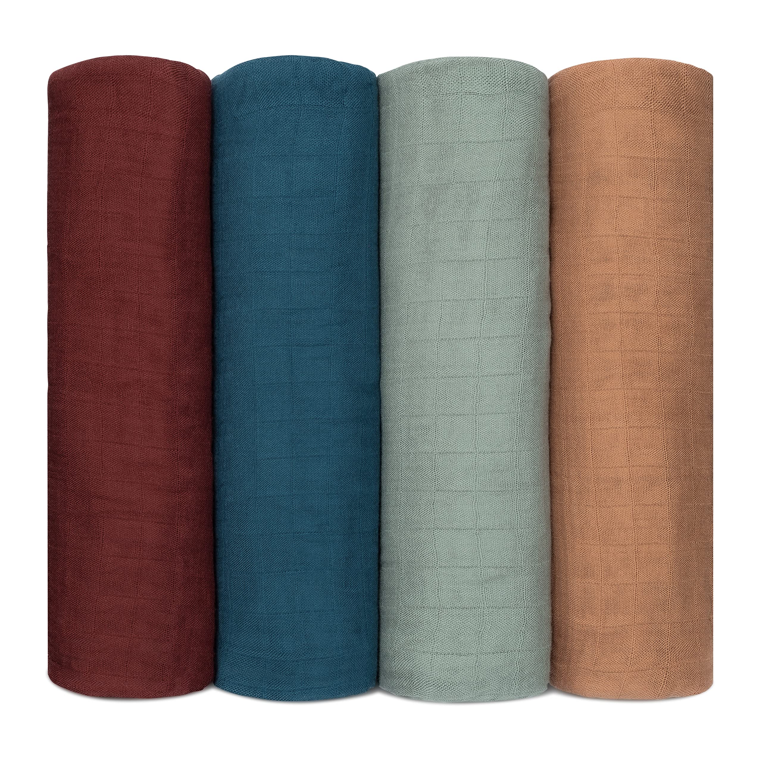 Muslin Swaddle Blankets, 4 Pack by Comfy Cubs - Wine, Neptune, Fern, Caramel