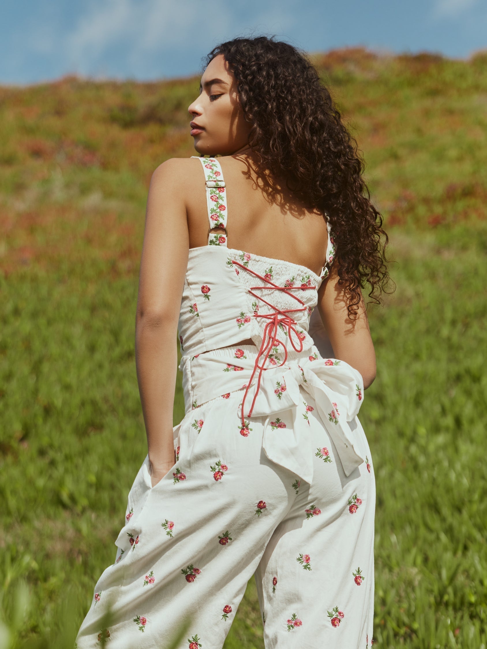 Camila Top - Sugar/Salsa Ditsy Floral Embroidery