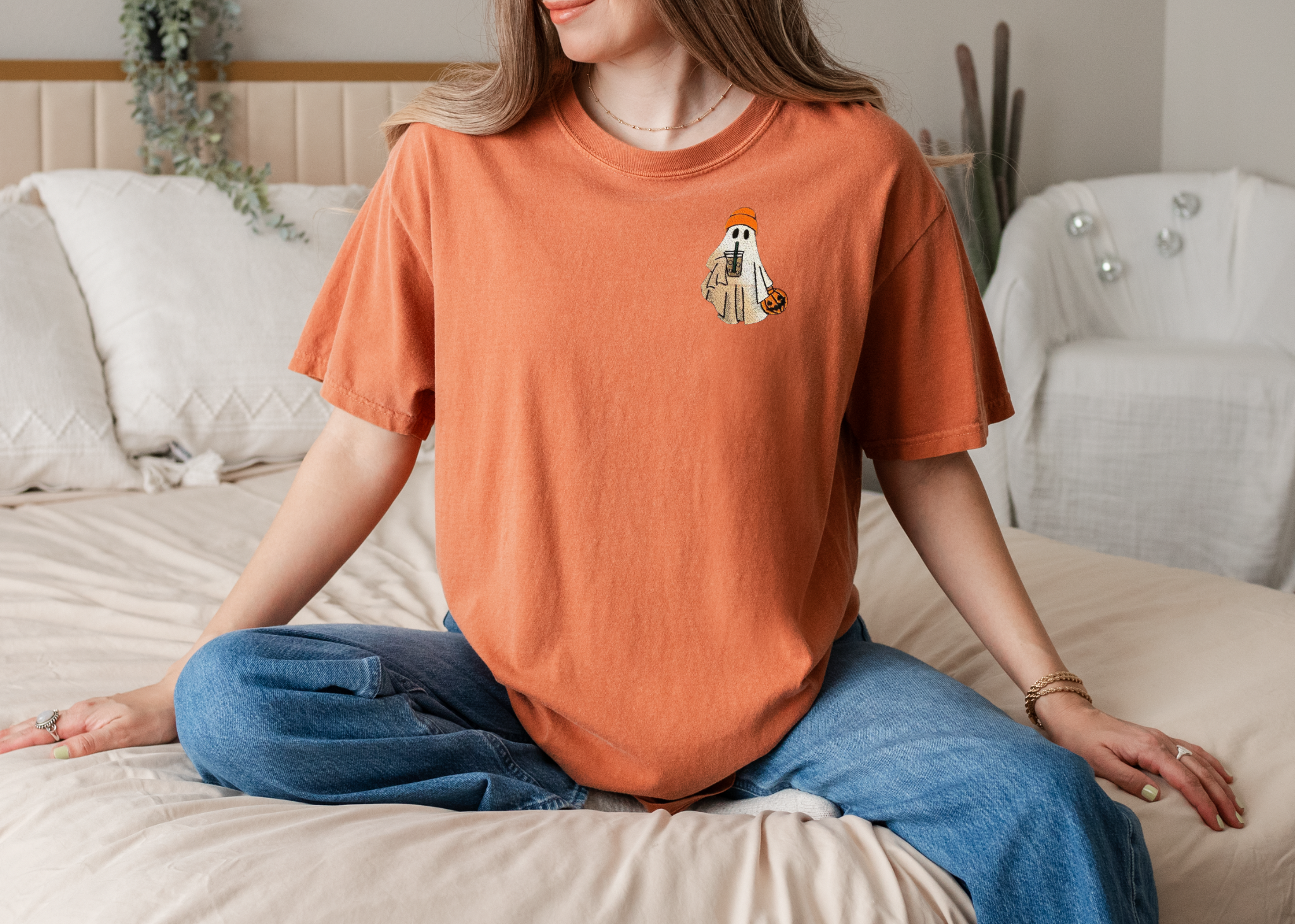 Adult Embroidered Iced Coffee Ghost Comfort Colors Tee - more colors