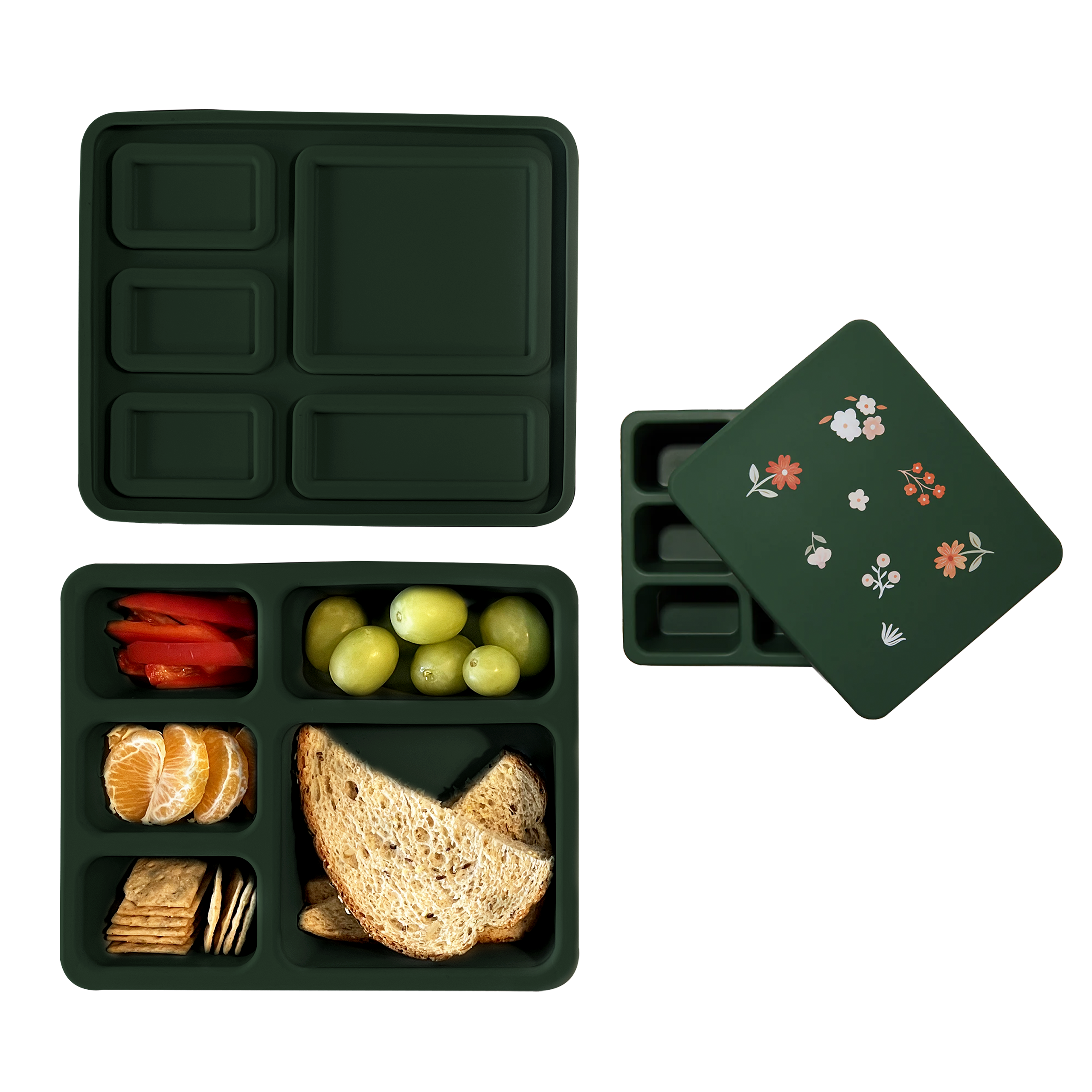 Silicone Bento Box Mini Floral Hunter Green