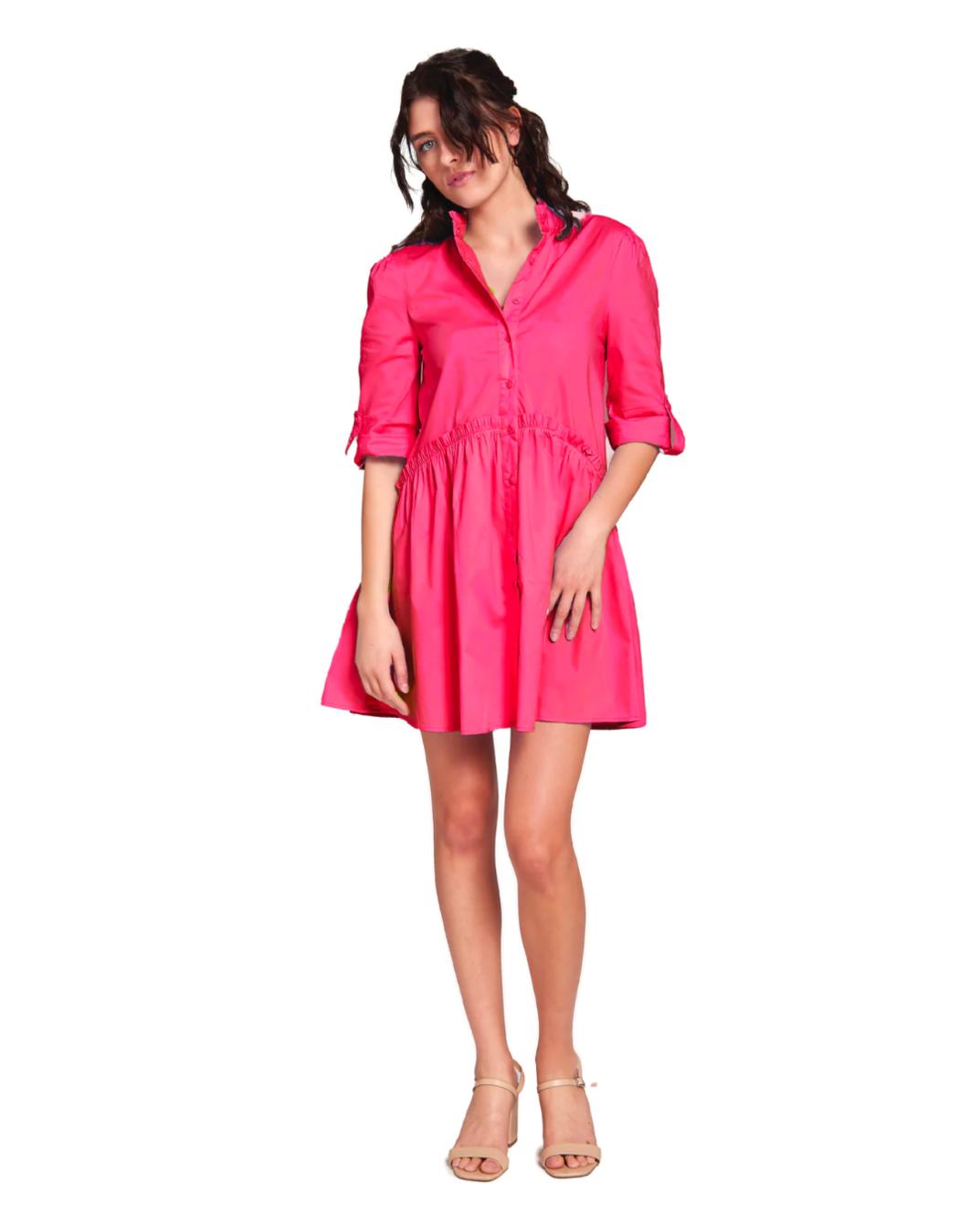 Cammie Ruffle Shirt Dress - Bright Pink