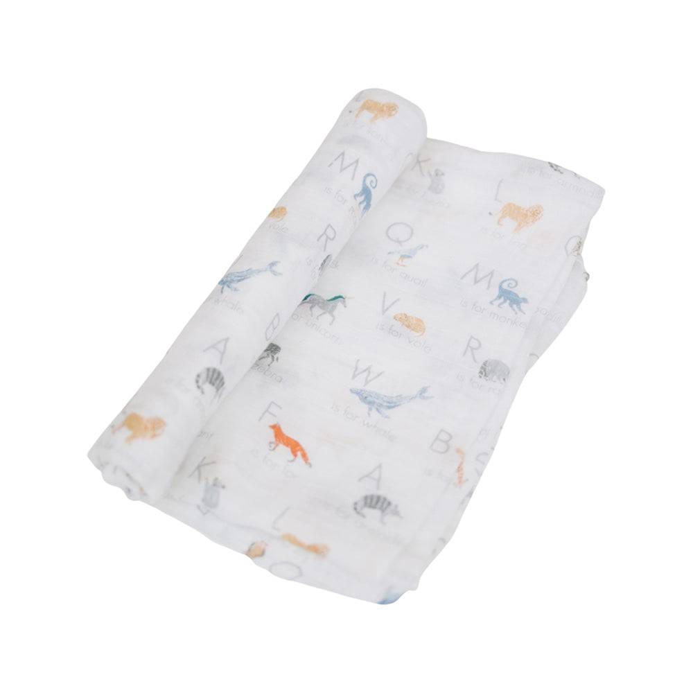 Muslin Swaddle Blanket Oh So Soft Animal Alphabet Swaddle Blanket Bebe au Lait   