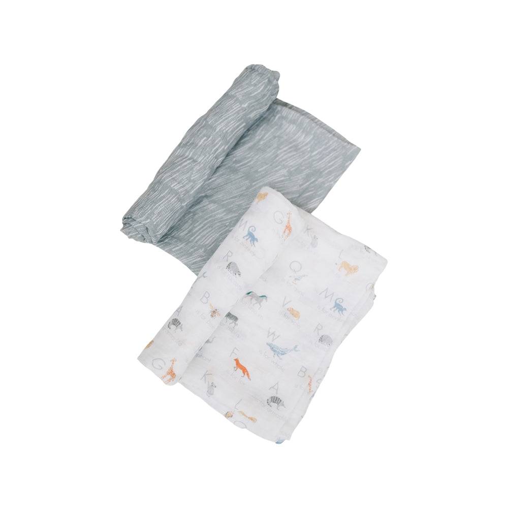 Muslin Swaddle Blanket Set Oh So Soft Animal Alphabet + Grey Crayon Swaddle Blanket Bebe au Lait   