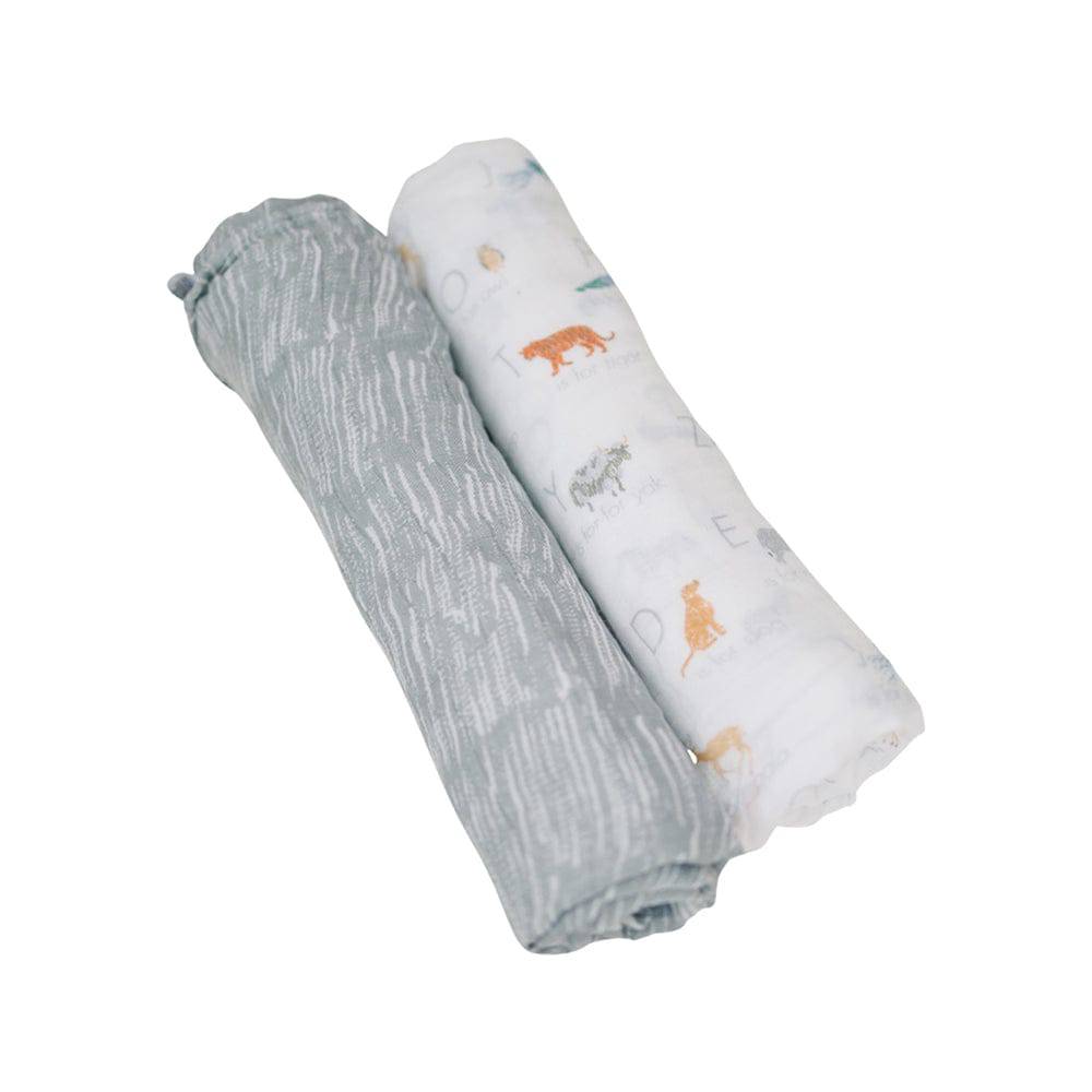 Muslin Swaddle Blanket Set Oh So Soft Animal Alphabet + Grey Crayon Swaddle Blanket Bebe au Lait   