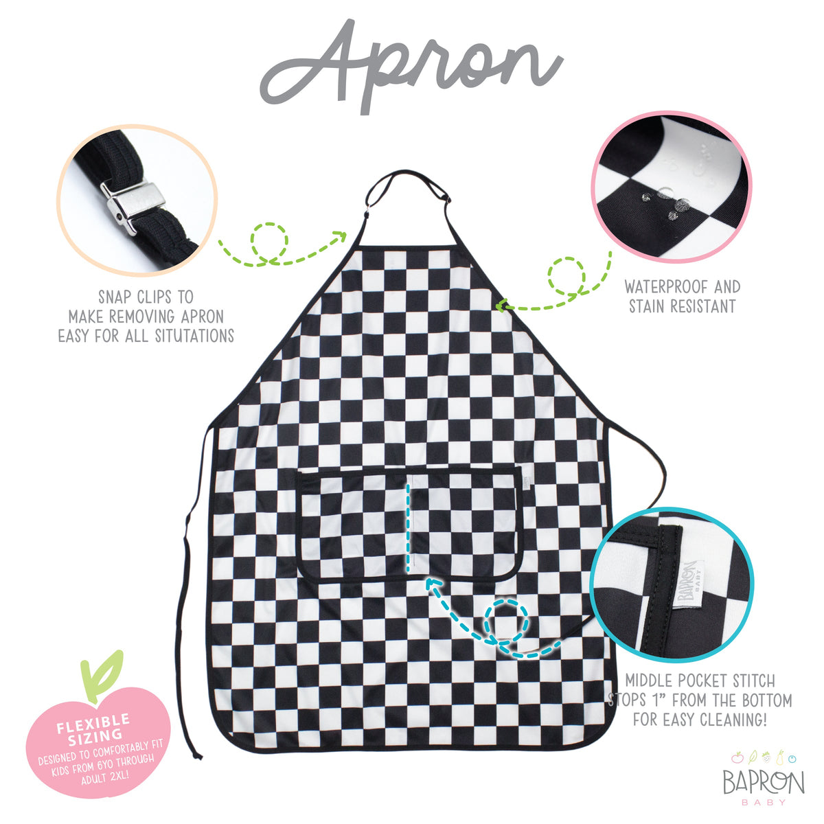 Black Checkerboard Apron - fits sizes youth small through adult 2XL