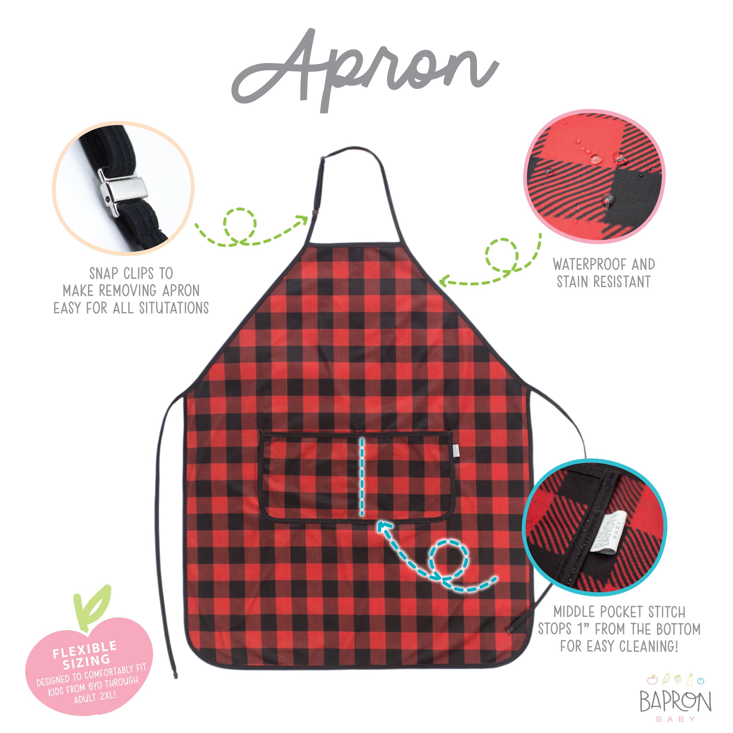 Red Buffalo Plaid Apron - fits sizes youth small through adult 2XL  BapronBaby   