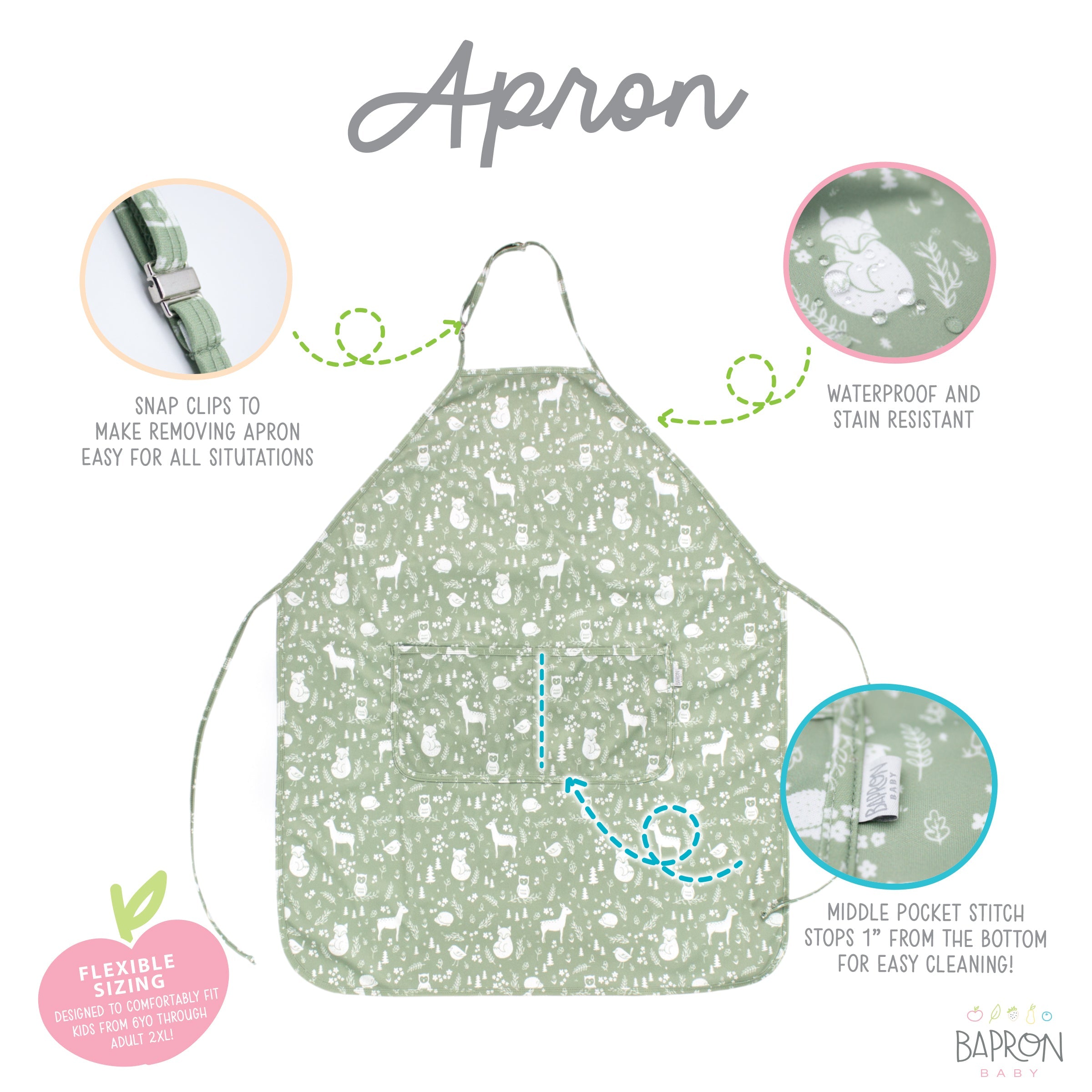 Forest Friends Apron - fits sizes youth small through adult 2XL  BapronBaby   