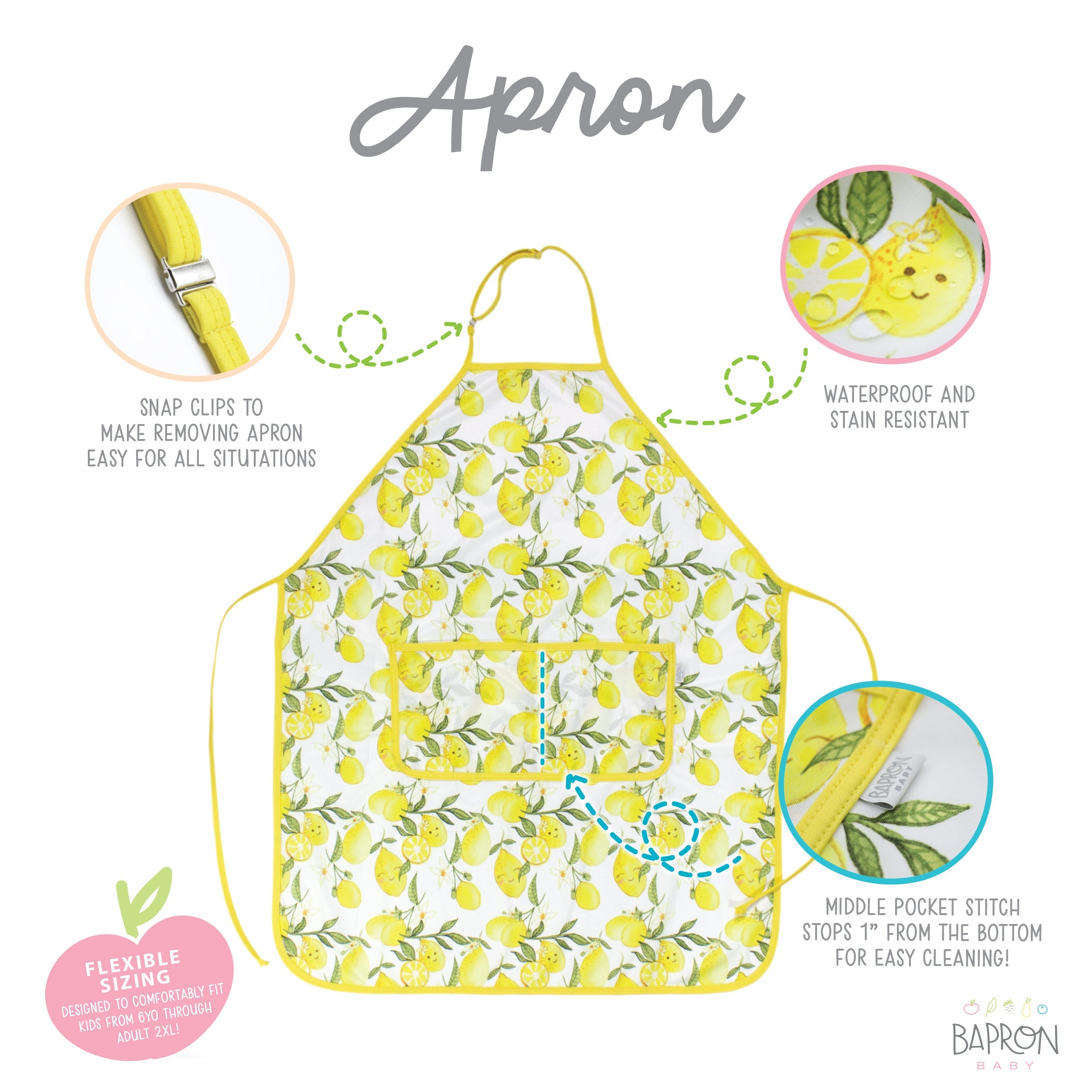 Fresh Lemon Apron - fits sizes youth small through adult 2XL  BapronBaby   