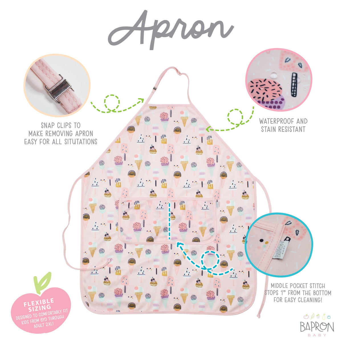 Pink Ice Cream Apron - fits sizes youth small through adult 2XL