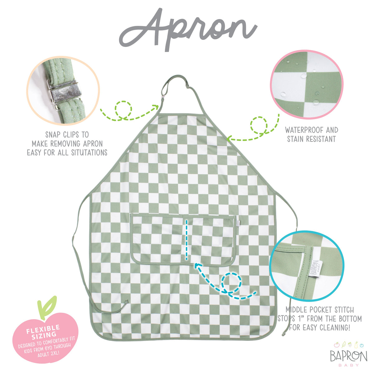 Sage Checkerboard Apron - fits sizes youth small through adult 2XL