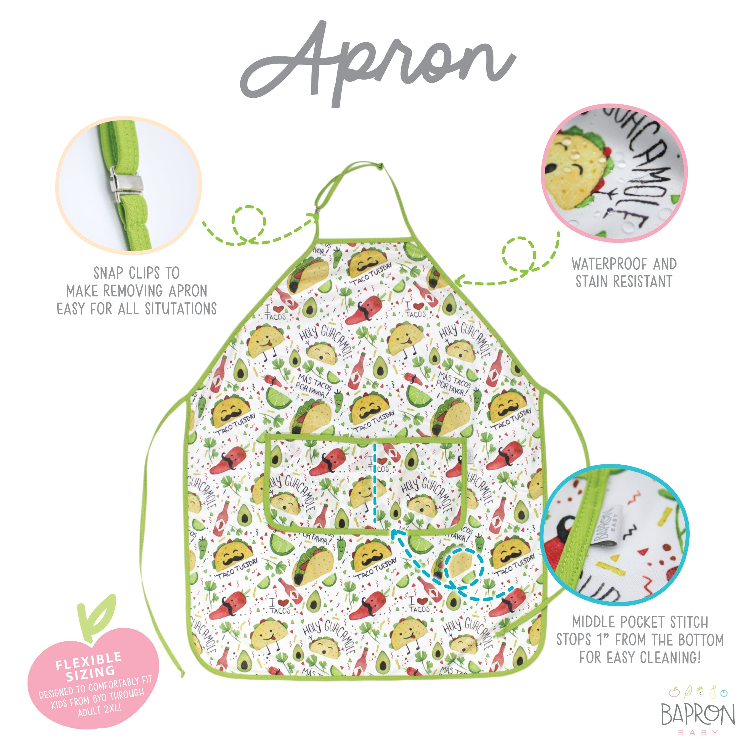 Taco Party Apron - fits sizes youth small through adult 2XL  BapronBaby   