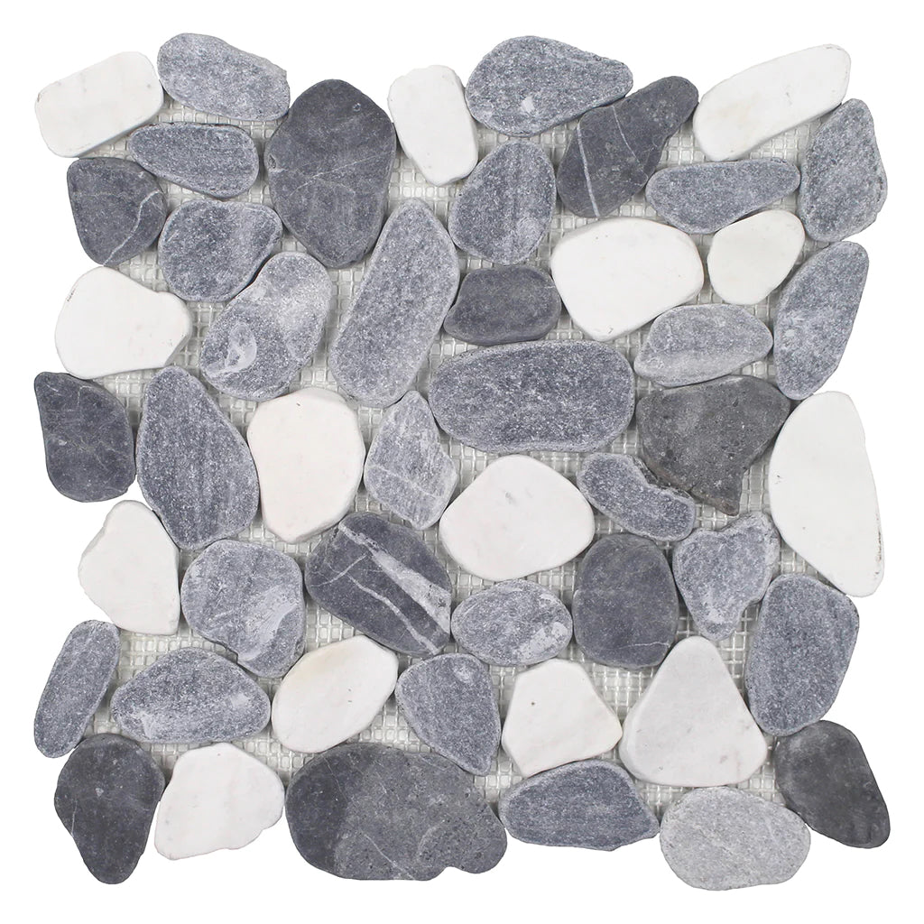 White/Blue/Grey Mix Pebble Stone Mosaic Tile on 11.5"x11.5" Mesh Beach Stones Series - Aquatica Collection