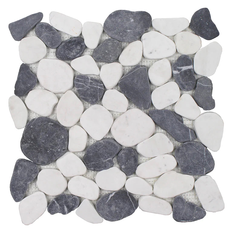 White/Blue Mix Pebble Stone Mosaic Tile on 11.5"x11.5" Mesh Beach Stones Series - Aquatica Collection