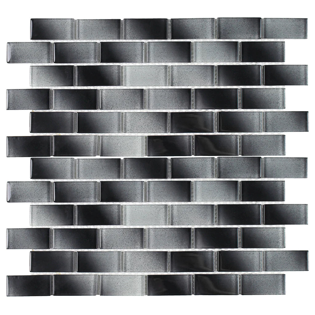 Black 1"x2" on 12"x12" Mesh Glass Mosaic Tile Alpha Series - Aquatica Collection