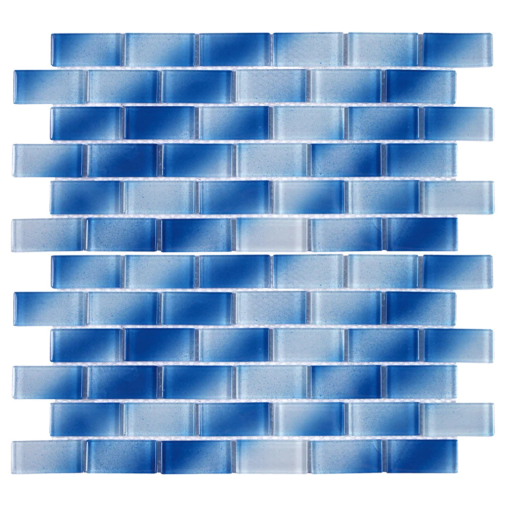 Blue 1"x2" on 12"x12" Mesh Glass Mosaic Tile Alpha Series - Aquatica Collection