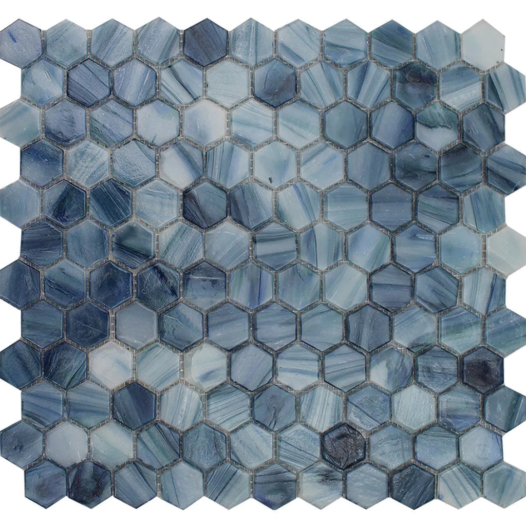 Tanzanite Blue Hex on 10.75"x11.25" Mesh Glass Mosaic Tile Aurora Series - Aquatica Collection