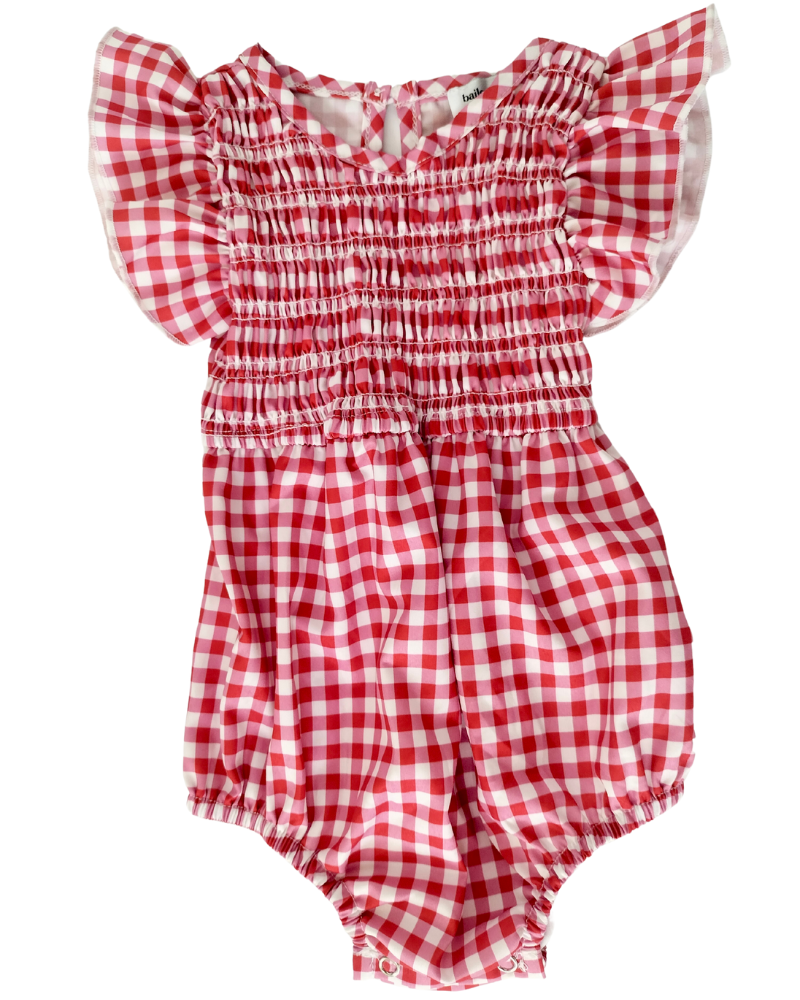 PREORDER! Astrid Flutter Sleeve Bubble Romper - Red & White Gingham Cherry