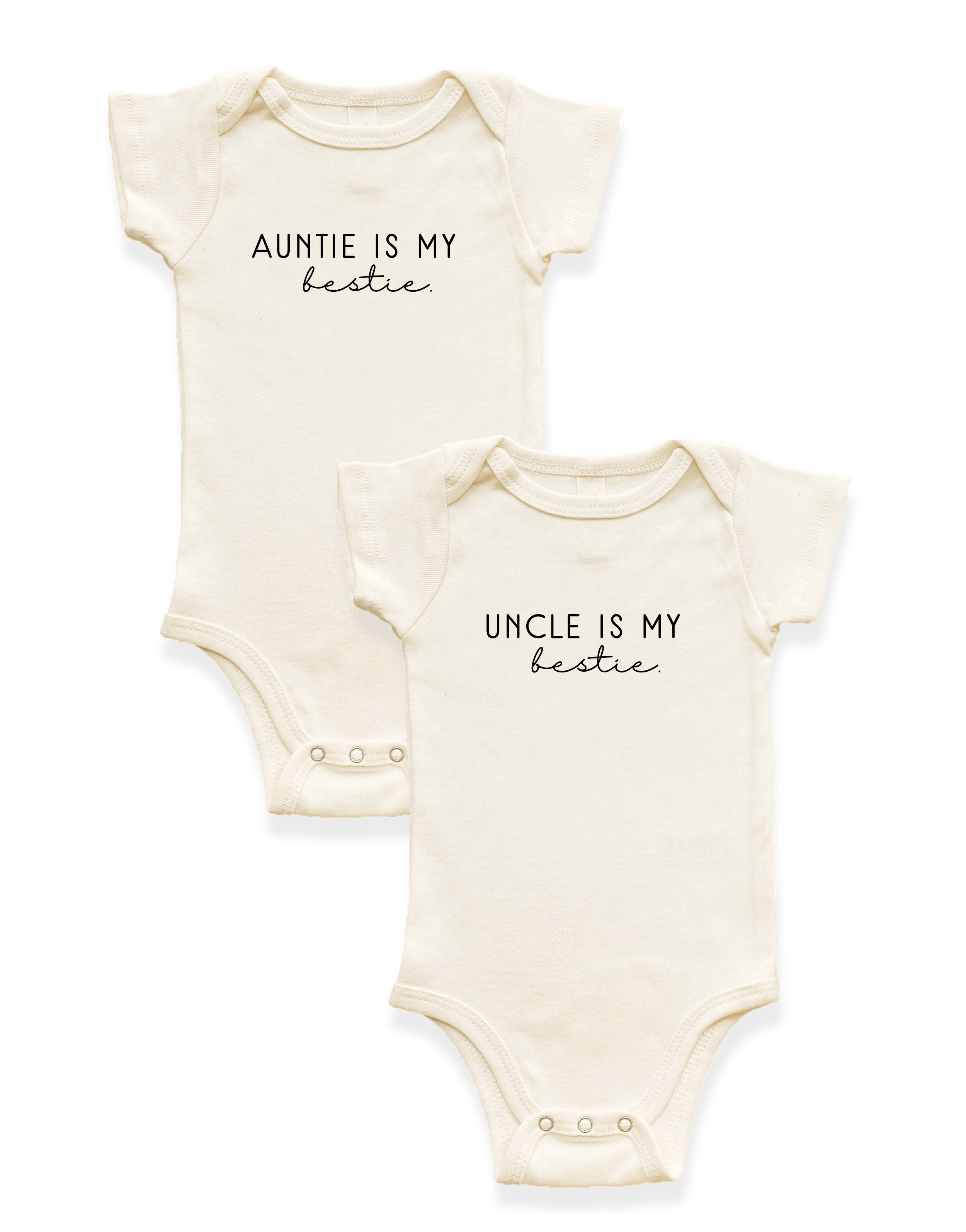 2 Pack - Auntie is my Bestie + Uncle is my Bestie Organic Cotton Baby Bodysuits