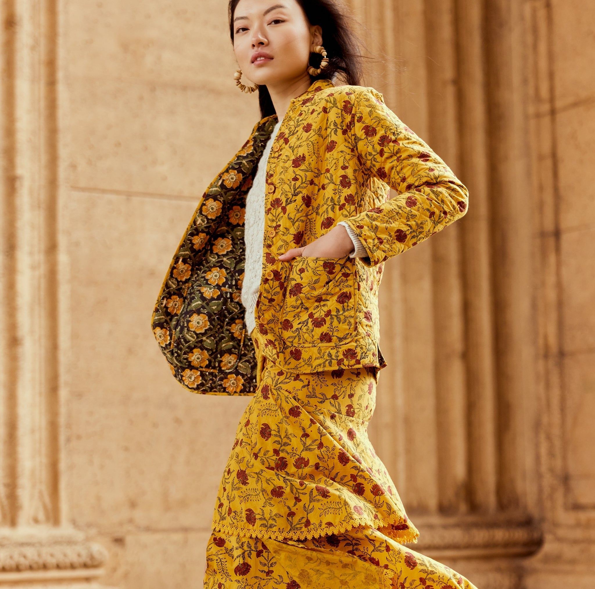 Nancy Reversible Quilted Jacket - Golden Marguerite/Chili Floral Print & Faded Black/Golden Floral Prints