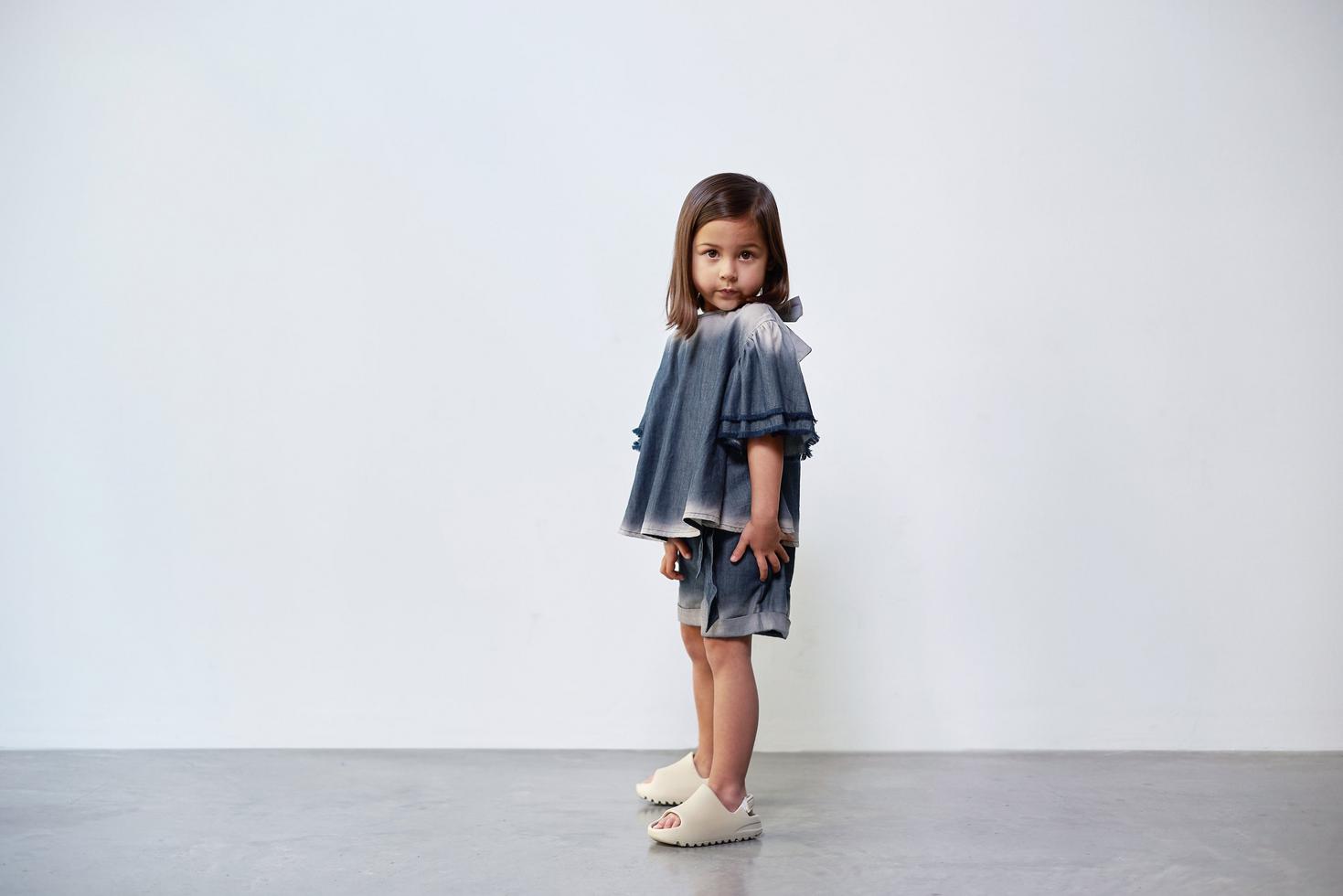 Girls Distressed Chambray Flared Top - Indigo