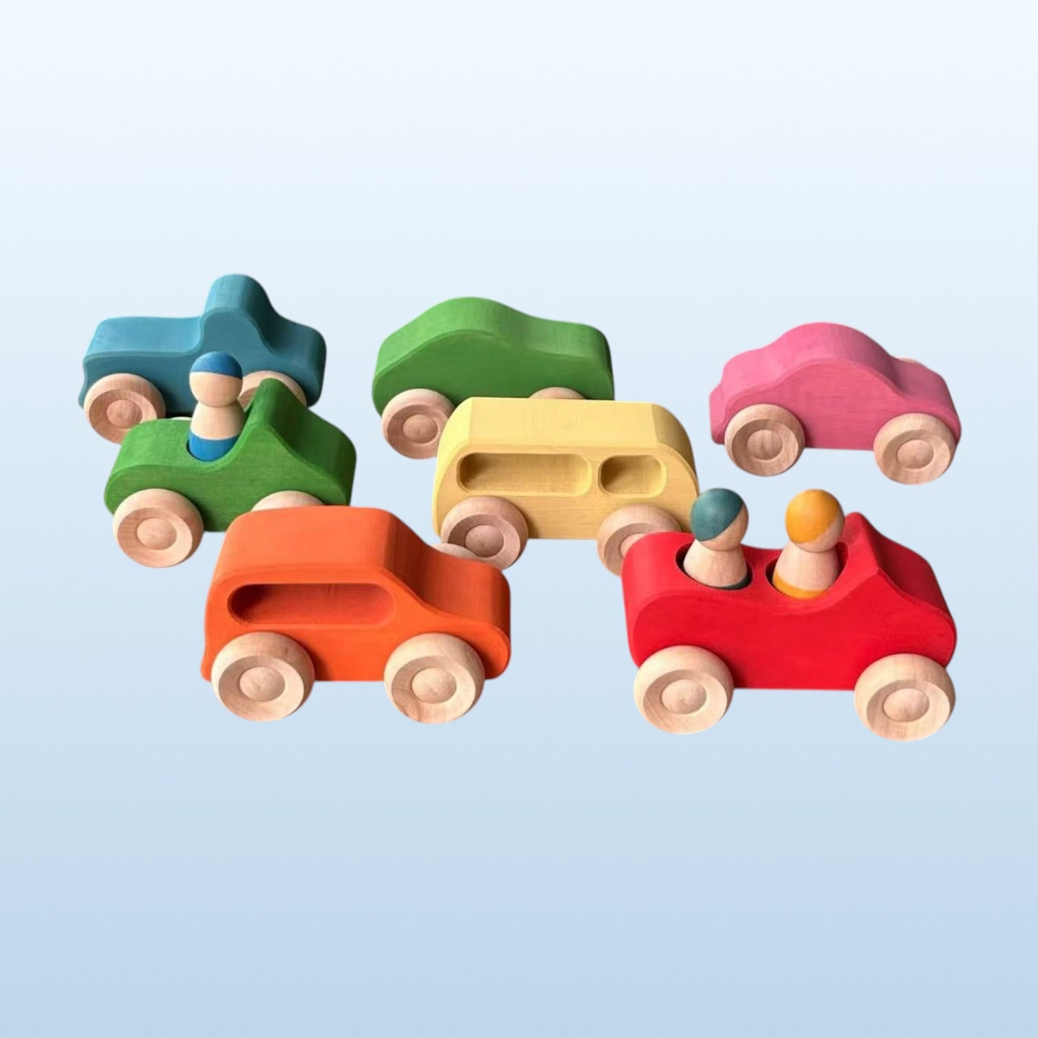**Pre-order (Ships in 2-3 Weeks)**7-Piece Wooden Rainbow Cars Set with 3 Peg Dolls | Stained Basswood or Painted Beechwood