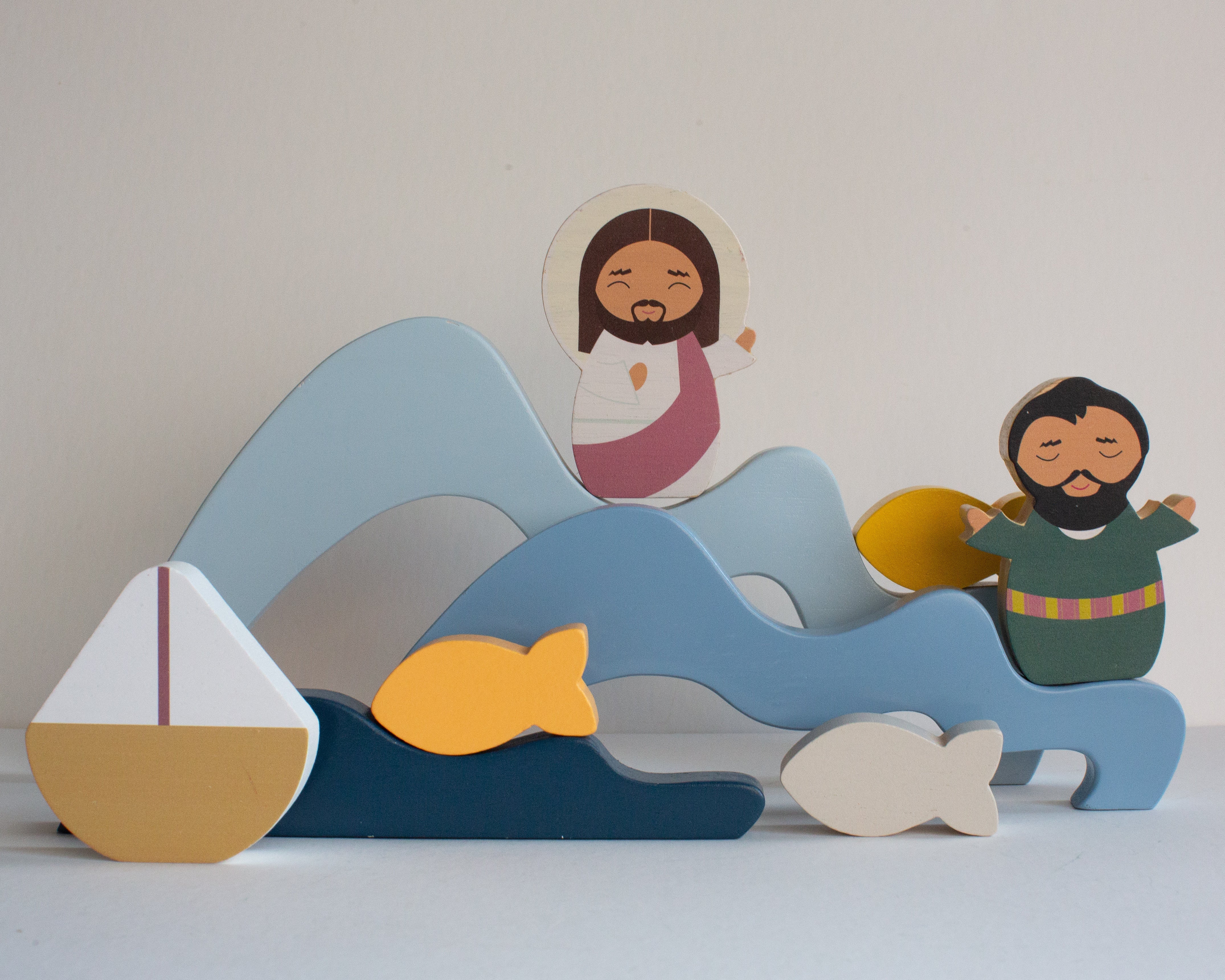 Jesus & St. Peter Walk on Water Wooden Wave Stacker Toy