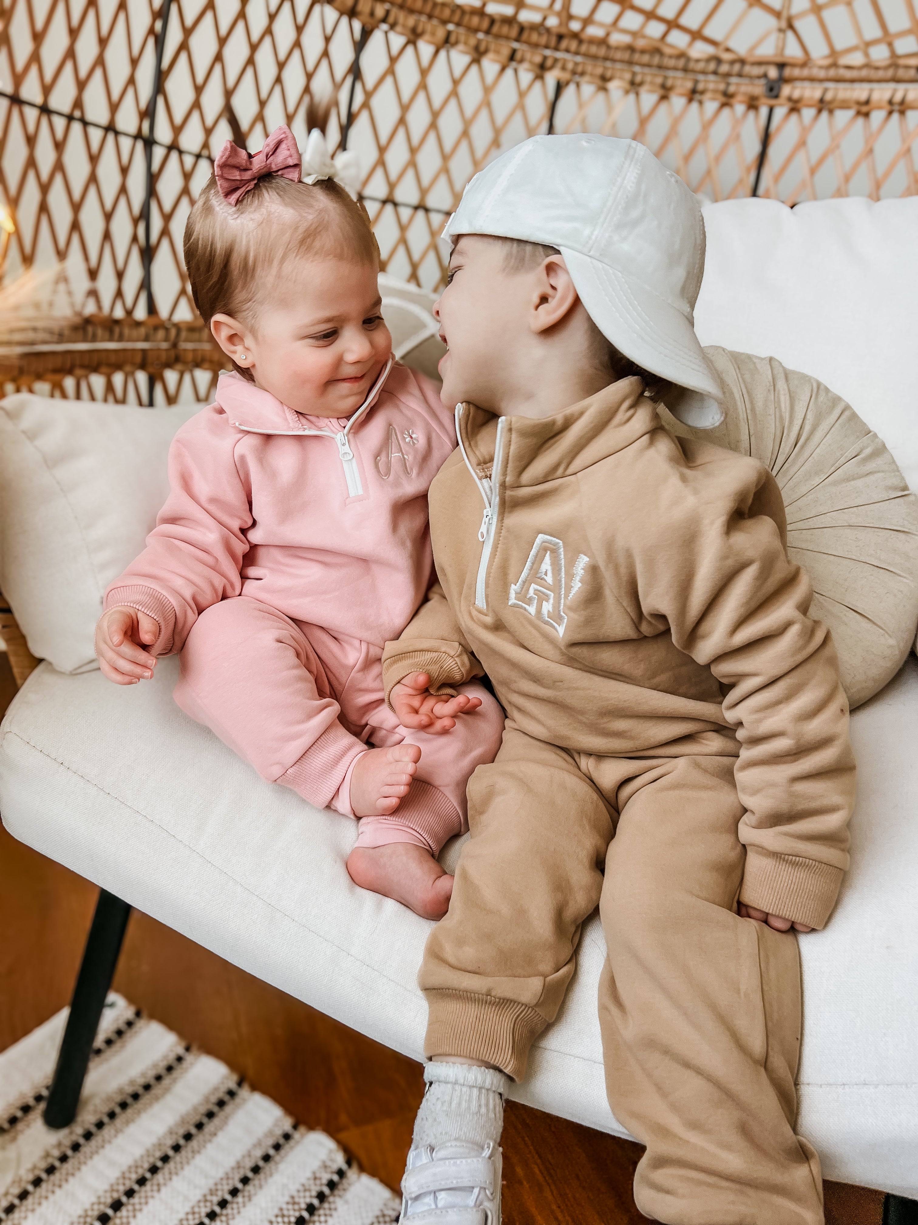 Custom Embroidered Organic Cotton Quarter Zip Set - Tan