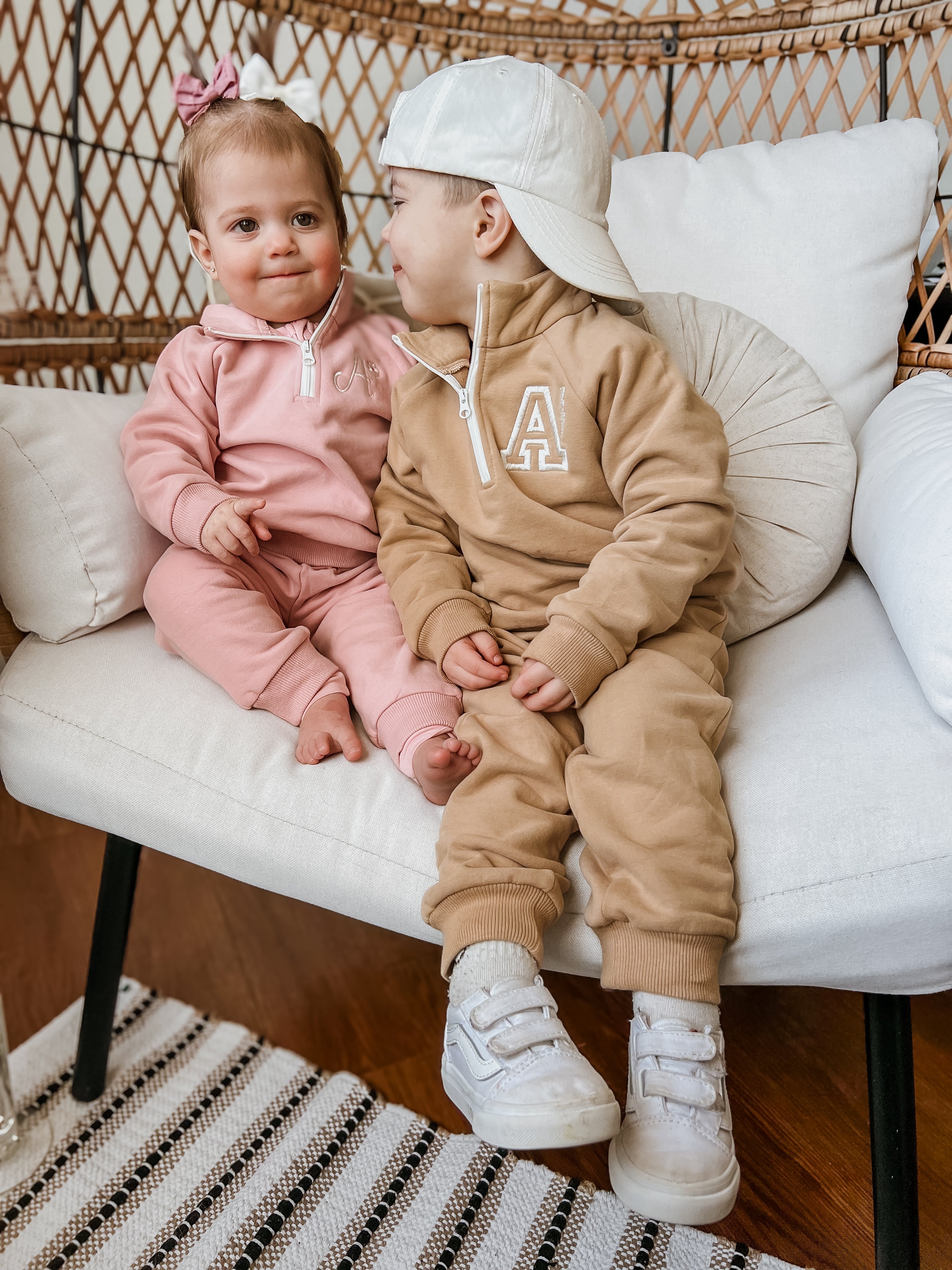 Custom Embroidered Organic Cotton Quarter Zip Set - Tan
