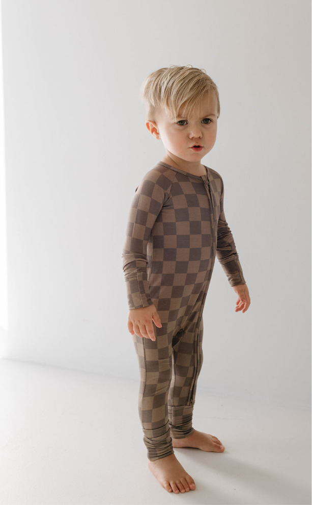 Bamboo Zip Pajamas | Faded Brown Checkerboard